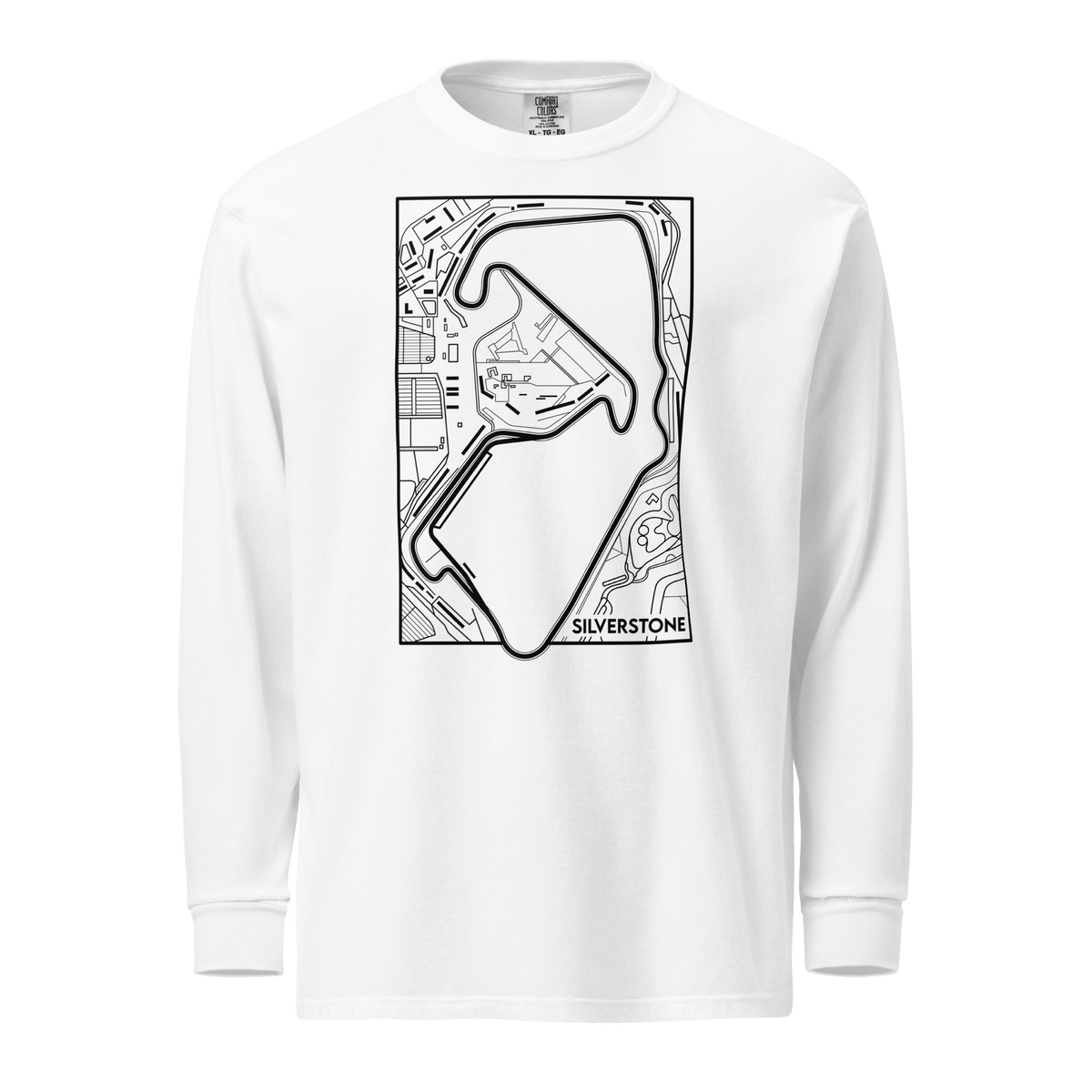 Women's Motorsport Long Sleeve in White — ghost front view with circuit map print | Qualifier Collective