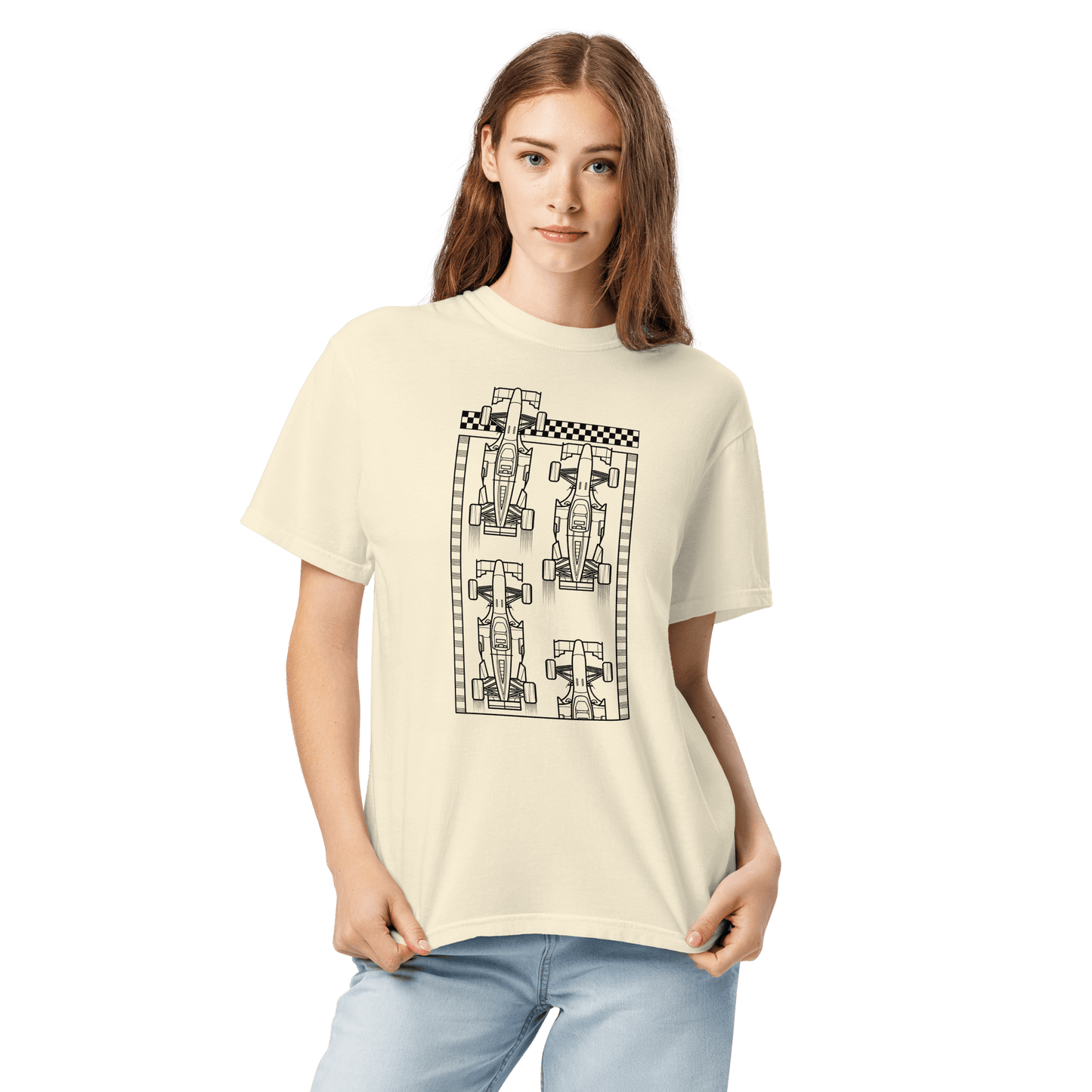 Motorsport Starting Grid Graphic Tee in Ivory— front on body view with grid start graphic | Qualifier Collective