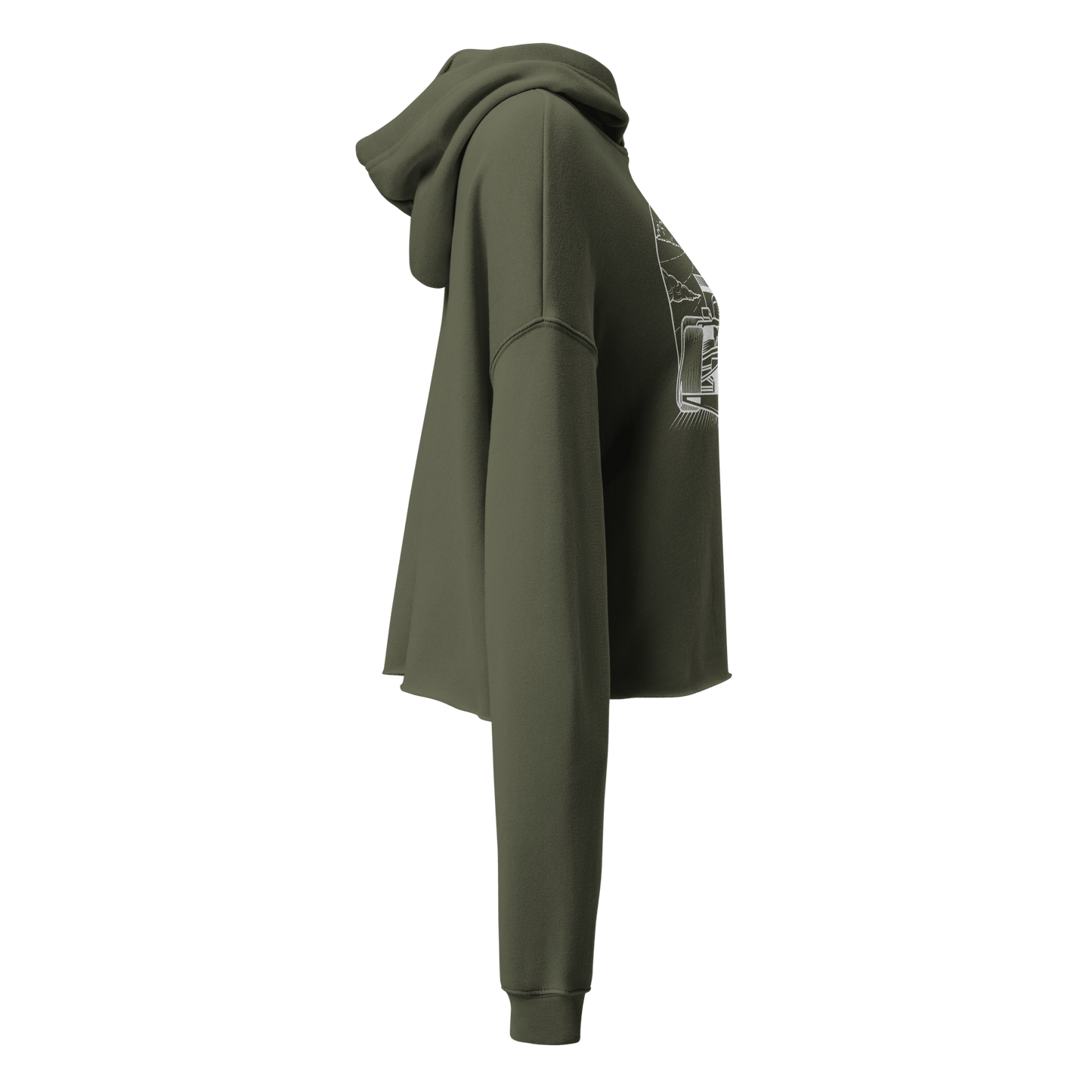 Women's Cropped Motorsport Hoodie in Military Green — side ghost view with car graphic | Qualifier Collective
