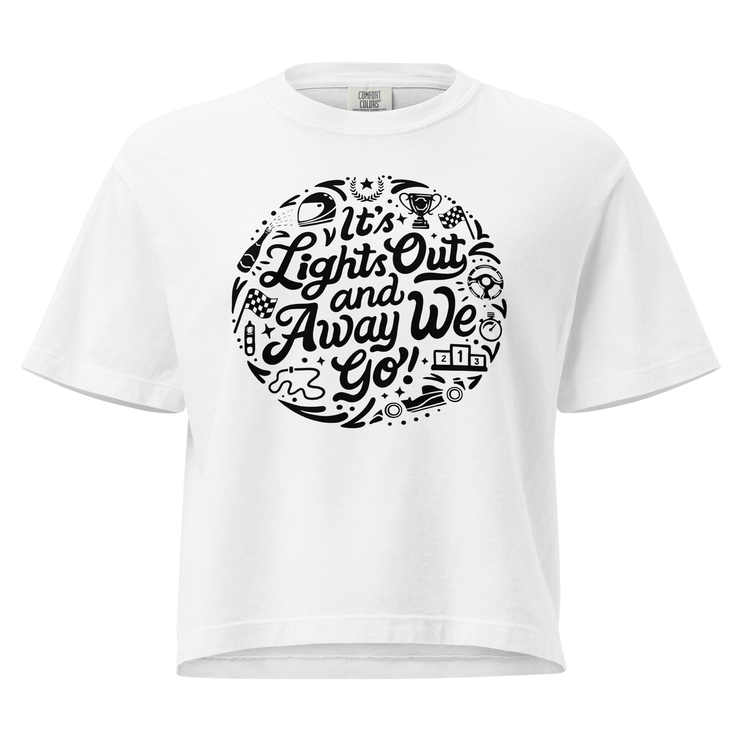 Women's Motorsport Graphic Tee in White — ghost front view with Lights Out graphic | Qualifier Collective