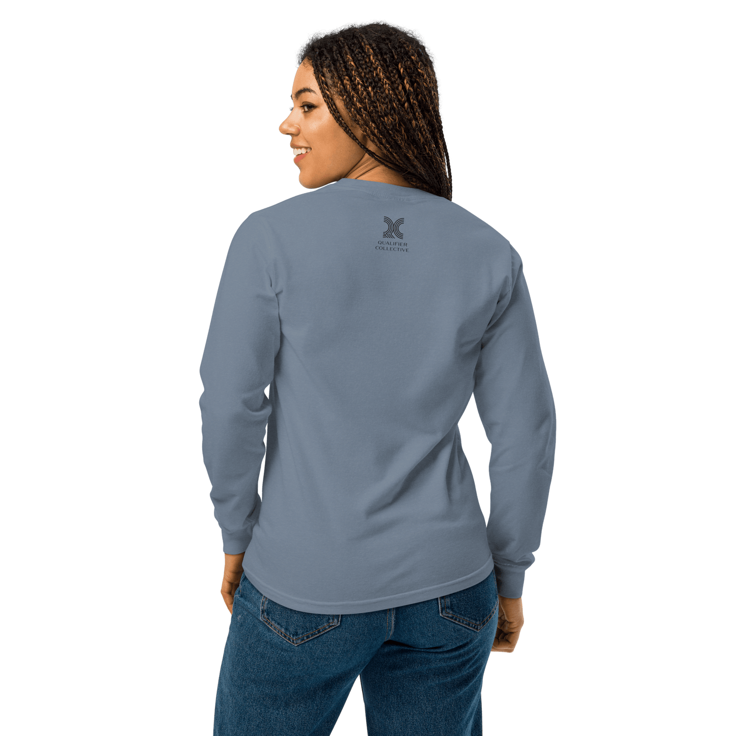 Women's Motorsport Long Sleeve in Blue Jean — on-body back  view with QC logo | Qualifier Collective