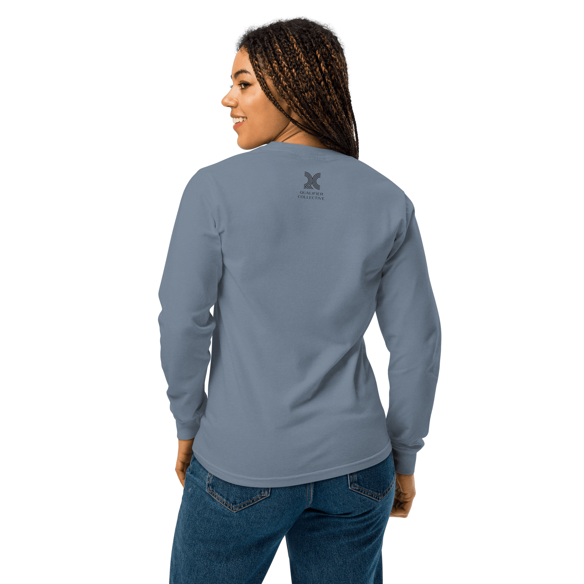 Women's Motorsport Long Sleeve in Blue Jean — on-body back  view with QC logo | Qualifier Collective