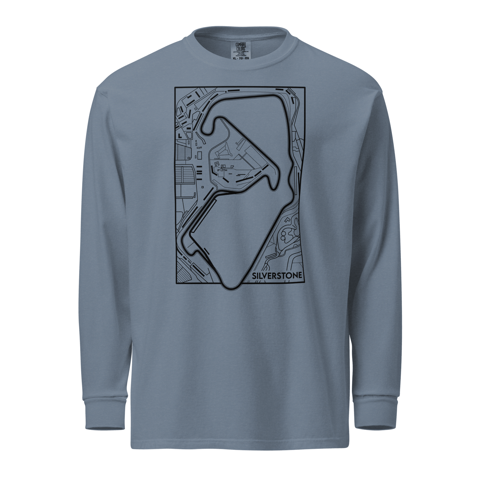 Women's Motorsport Long Sleeve in Blue Jean — ghost front view with circuit map print | Qualifier Collective