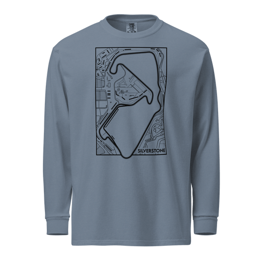 Women's Motorsport Long Sleeve in Blue Jean — ghost front view with circuit map print | Qualifier Collective