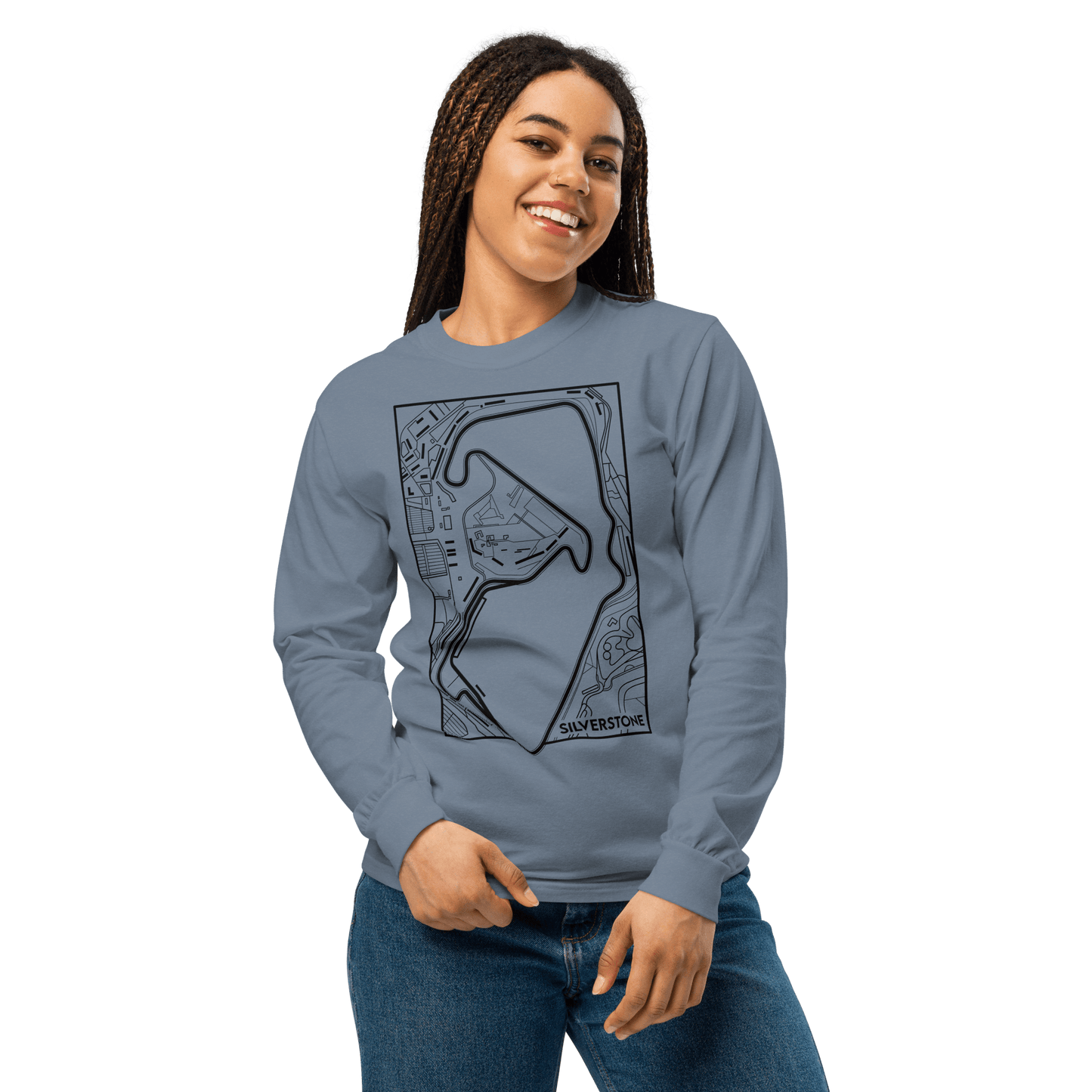 Women's Motorsport Long Sleeve in Blue Jean — on-body front view with circuit map print | Qualifier Collective