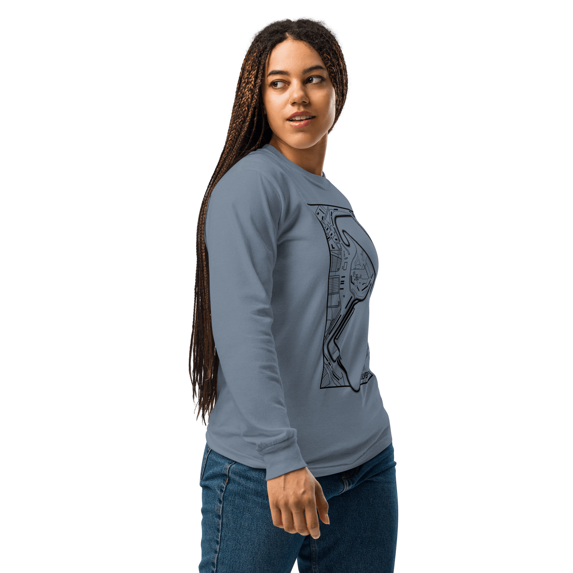 Women's Motorsport Long Sleeve in Blue Jean — on-body front angled view with circuit map print | Qualifier Collective