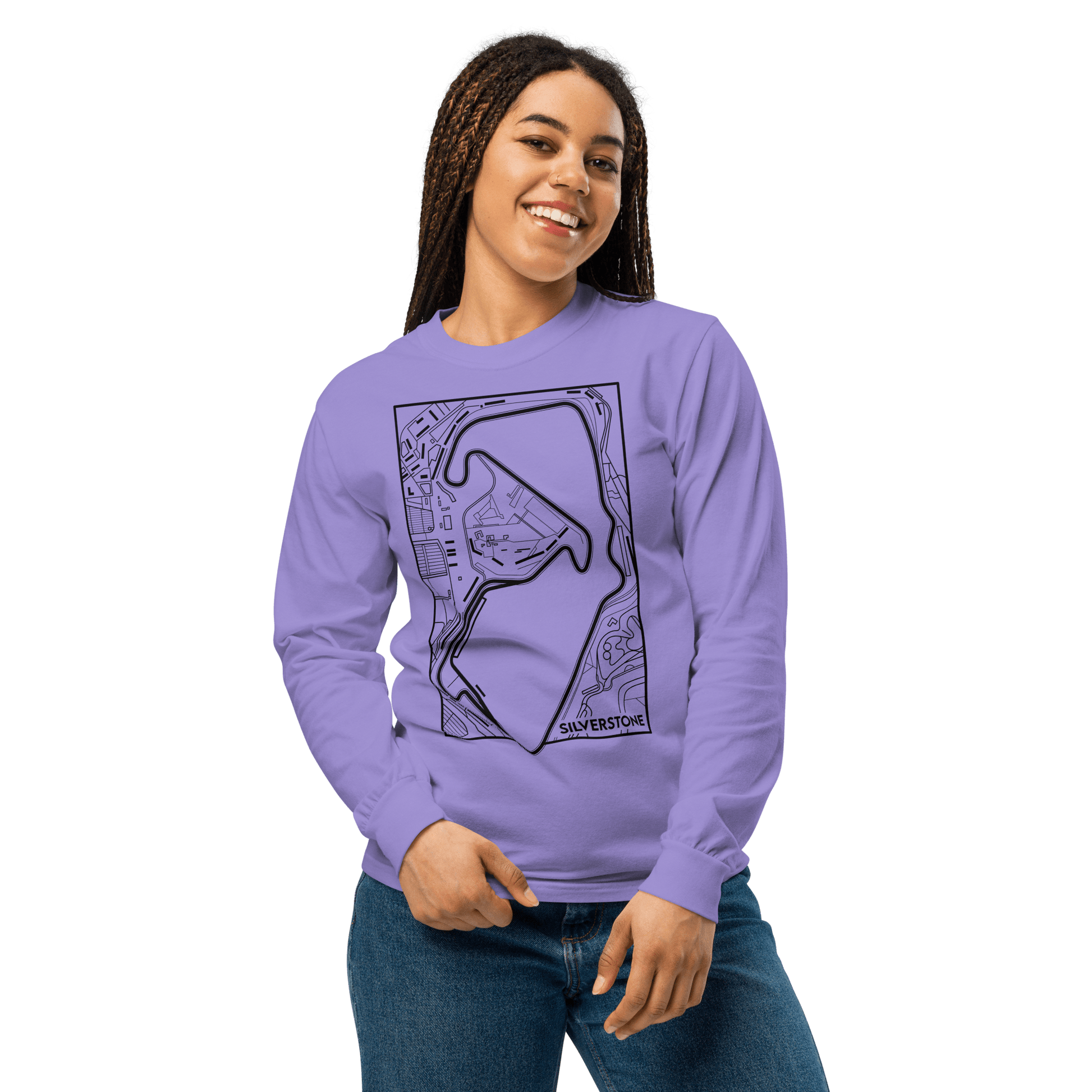 Women's Motorsport Long Sleeve  in Violet — on-body front view with circuit map print | Qualifier Collective