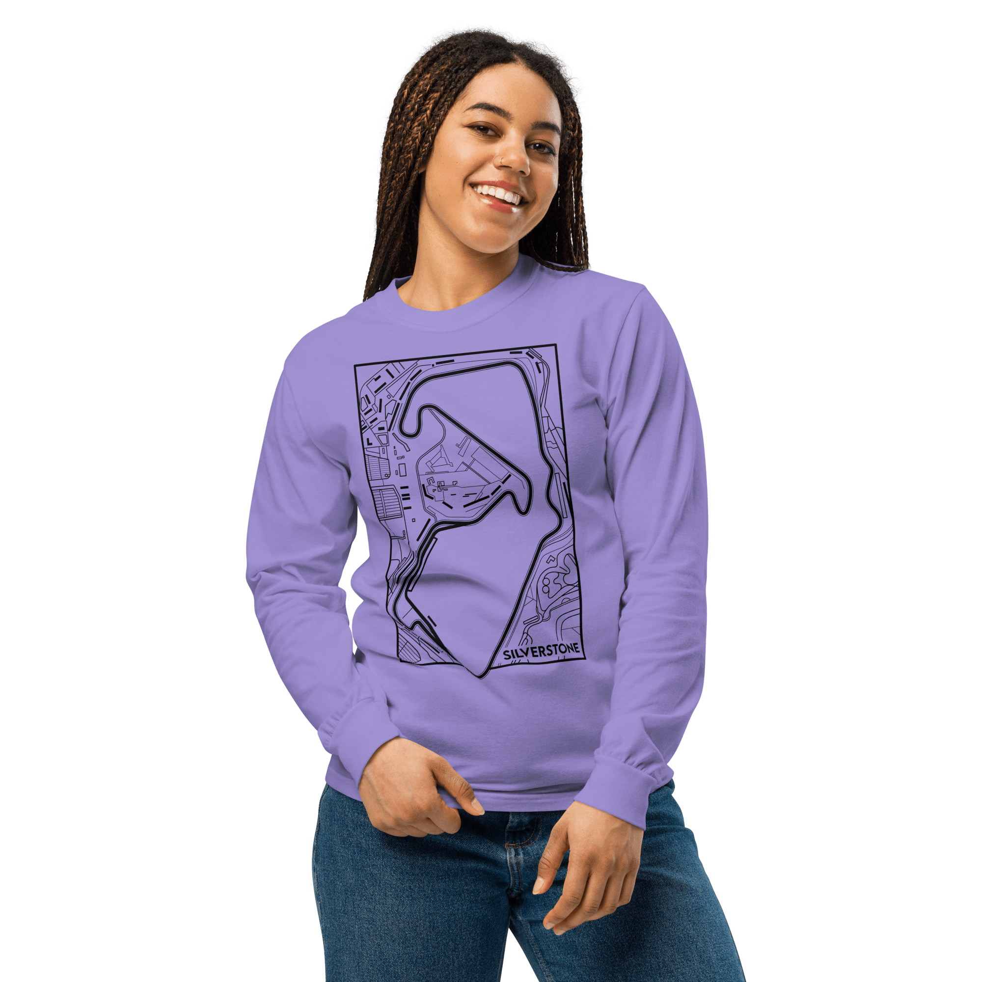 Women's Motorsport Long Sleeve  in Violet — on-body front view with circuit map print | Qualifier Collective