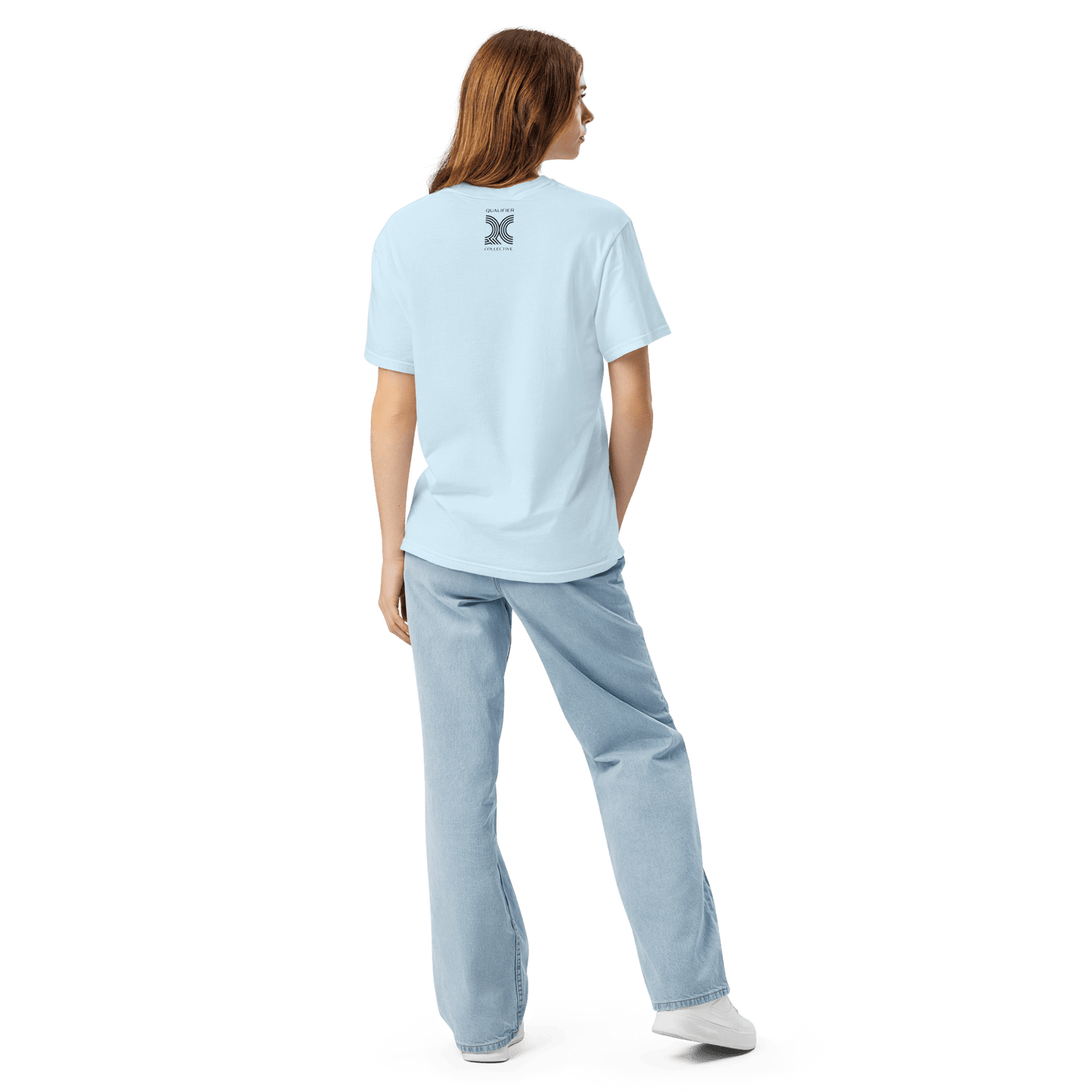 Motorsport Starting Grid Graphic Tee in Chambray Blue— back on body view with QC logo| Qualifier Collective