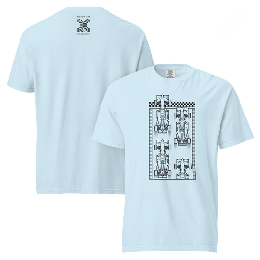 Motorsport Starting Grid Graphic Tee — Starting Grid in Chambray Blue— front  and back ghost view | Qualifier Collective