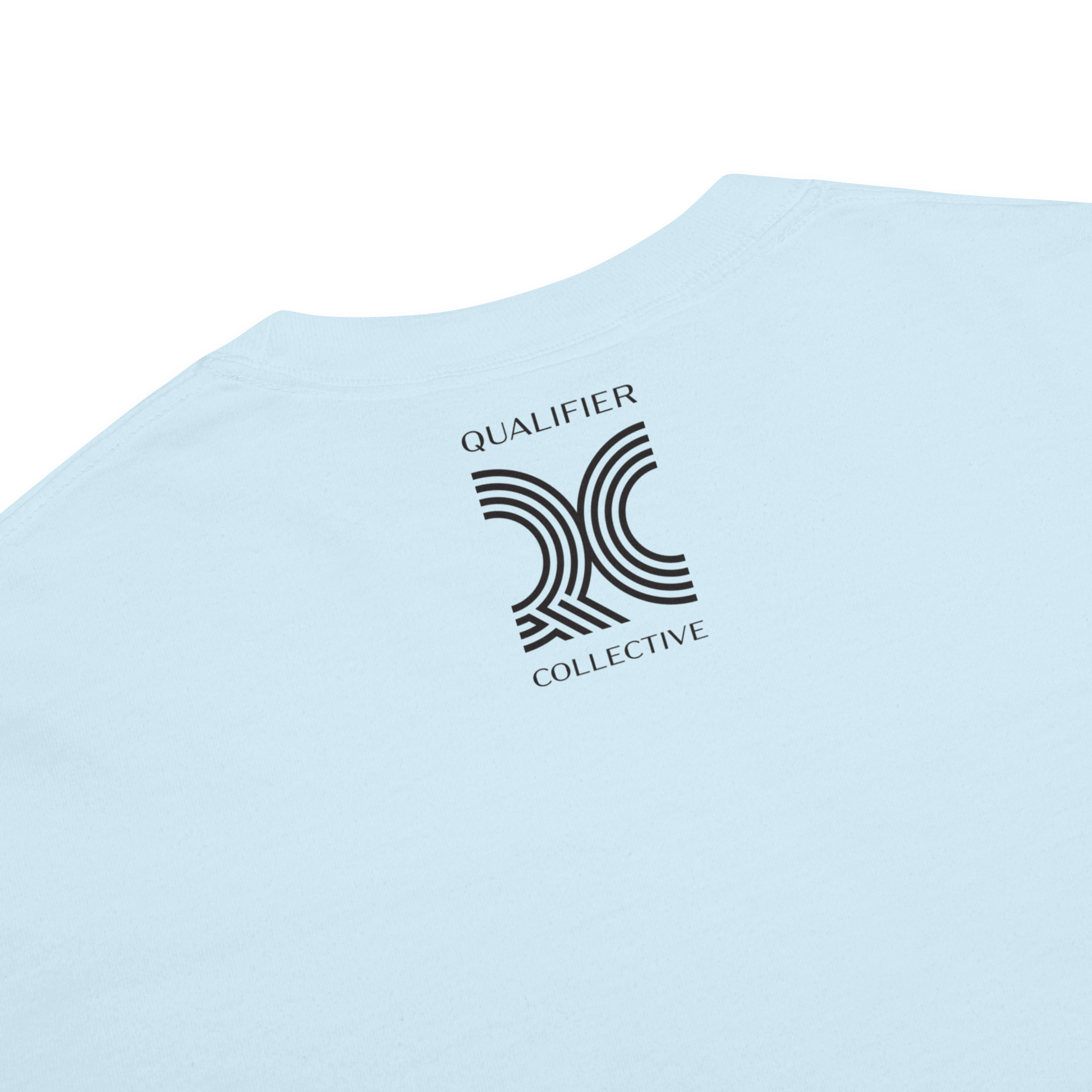 Motorsport Starting Grid Graphic Tee in Chambray Blue— back detail view with QC logo| Qualifier Collective