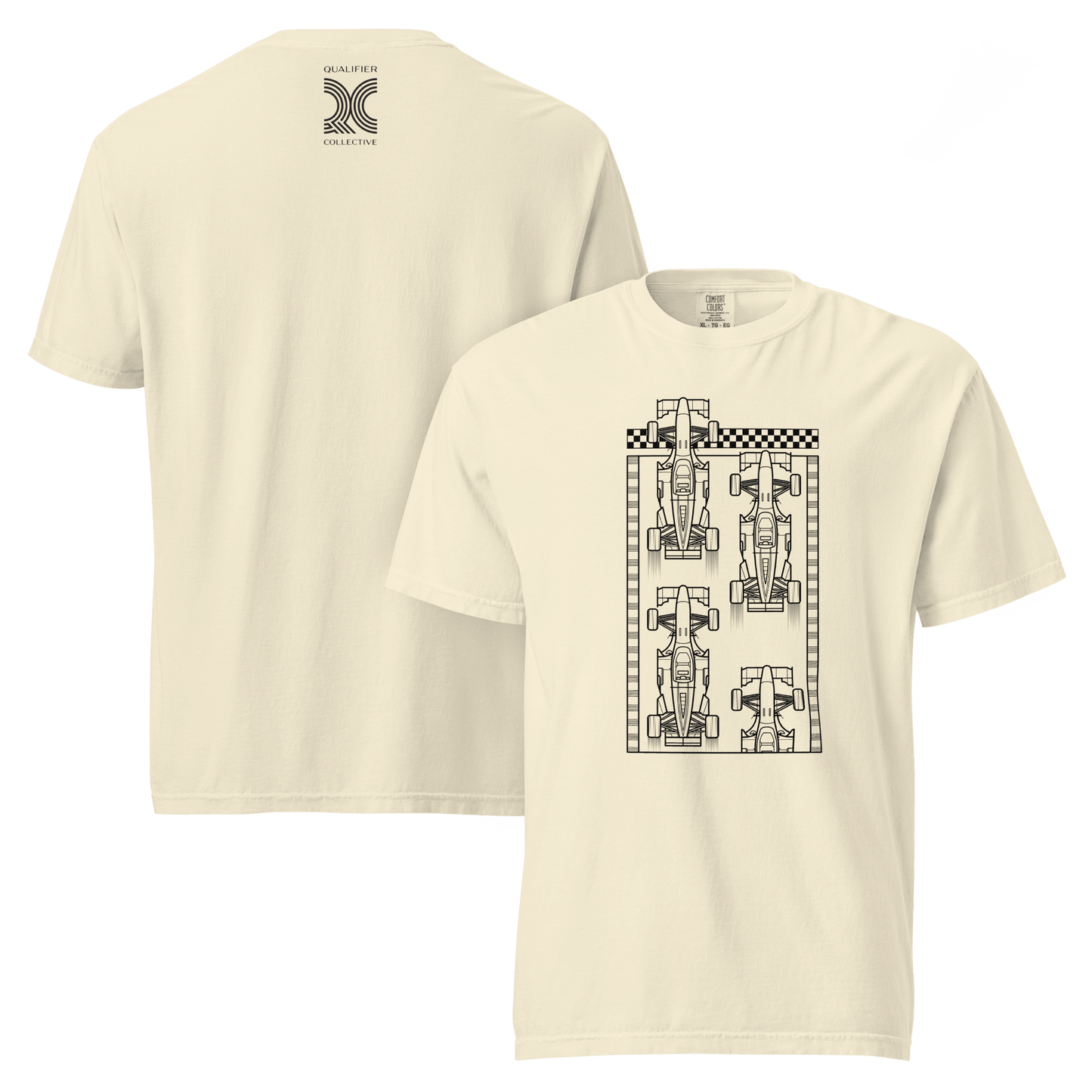 Motorsport Starting Grid Graphic Tee in Ivory— front  and back ghost view with grid start graphic | Qualifier Collective