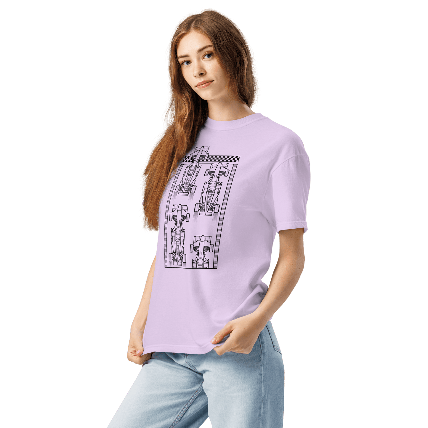 Motorsport Starting Grid Graphic Tee in Orchid— front  on body view with grid start graphic | Qualifier Collective