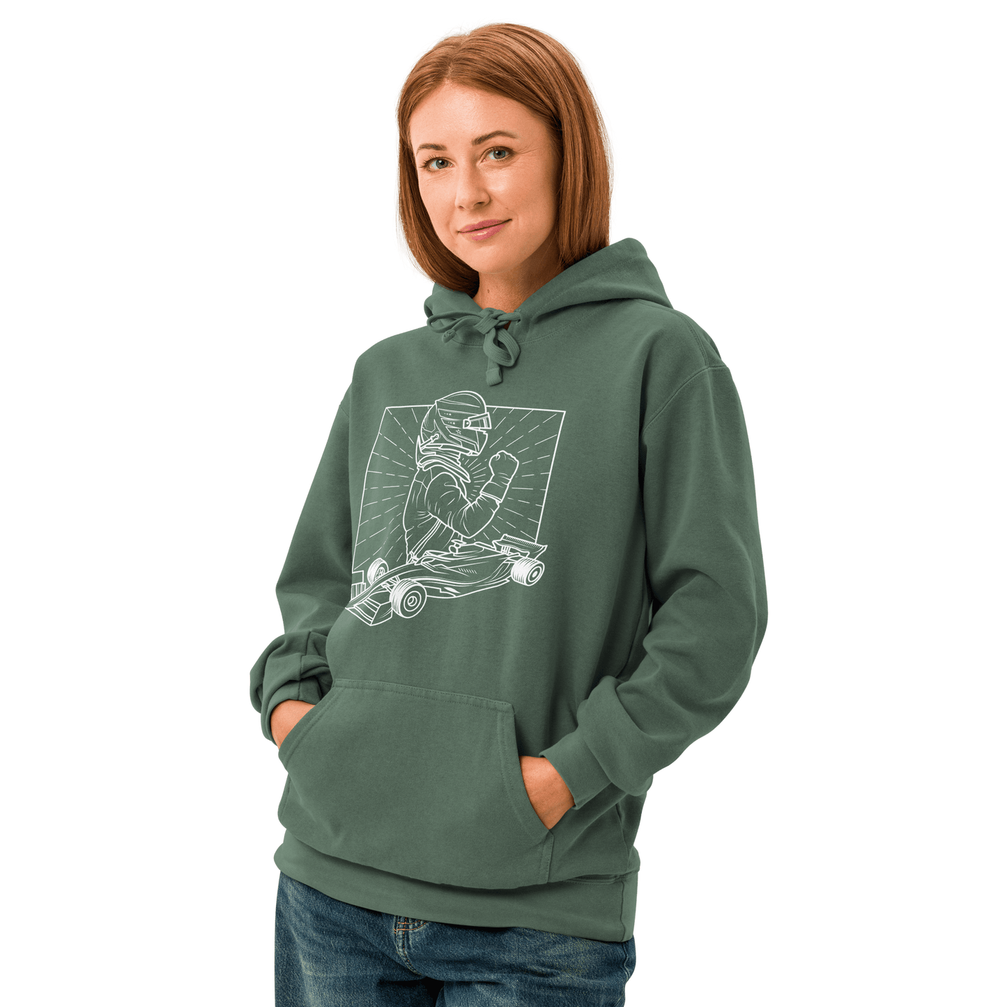 Women's Vintage Motorsport Hoodie in Bruce Spruce— on body front view with victory lap design | Qualifier Collective