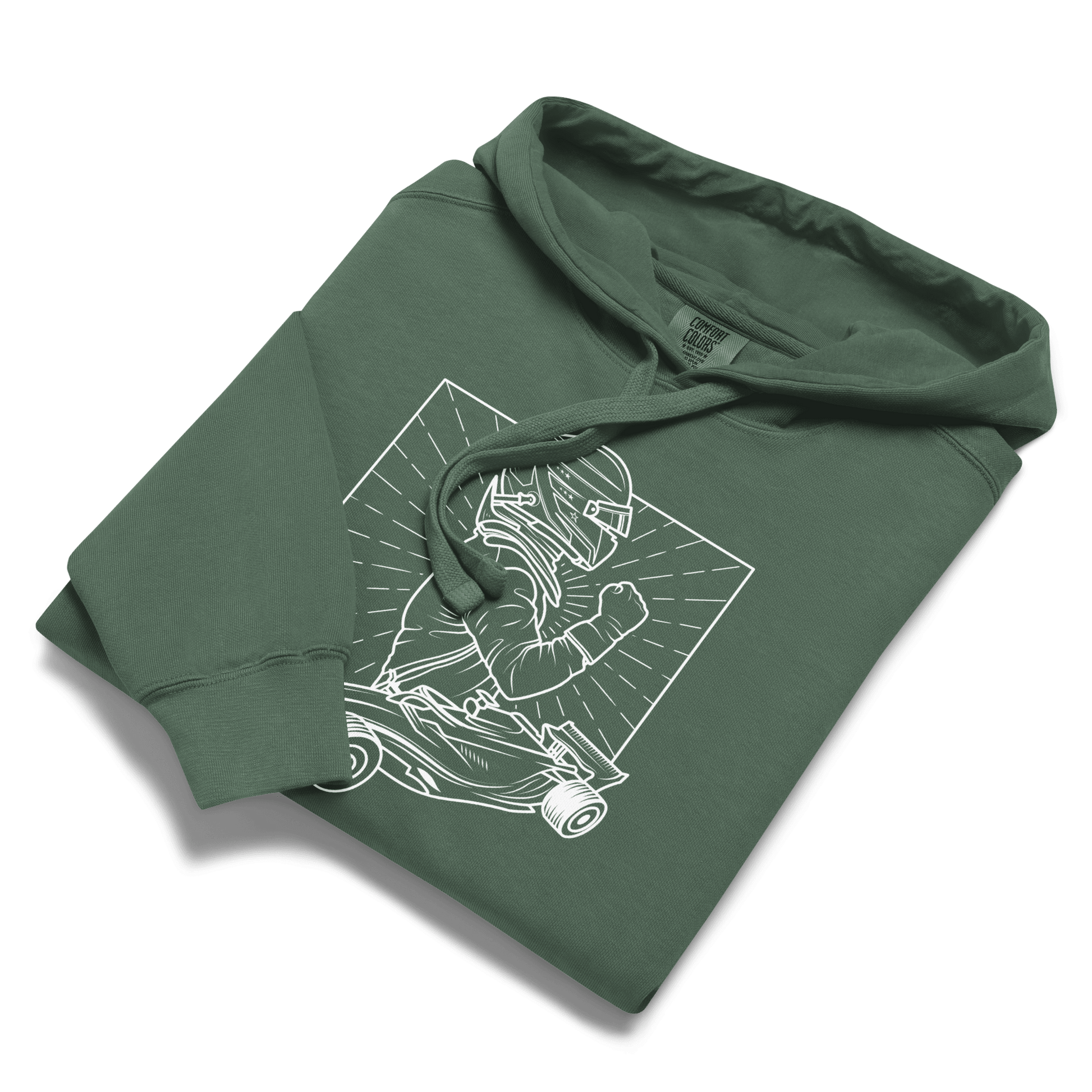 Women's Vintage Motorsport Hoodie in Bruce Spruce— front laid flat view with victory lap design | Qualifier Collective