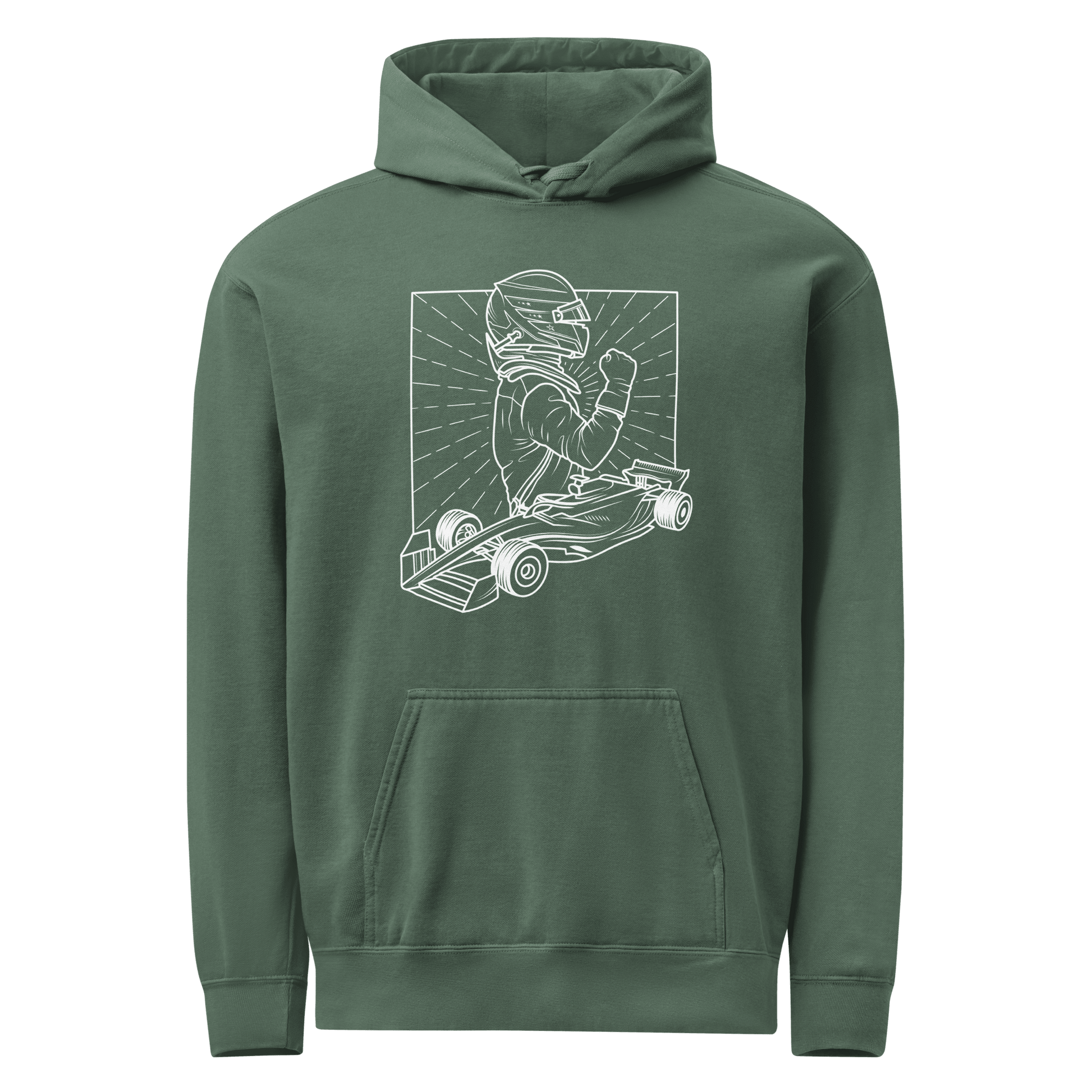 Women's Vintage Motorsport Hoodie in Bruce Spruce— front ghost view with victory lap design | Qualifier Collective