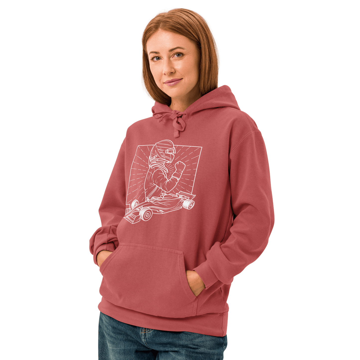 Women's Vintage Motorsport Hoodie in Crimson— on body front view with victory lap design | Qualifier Collective