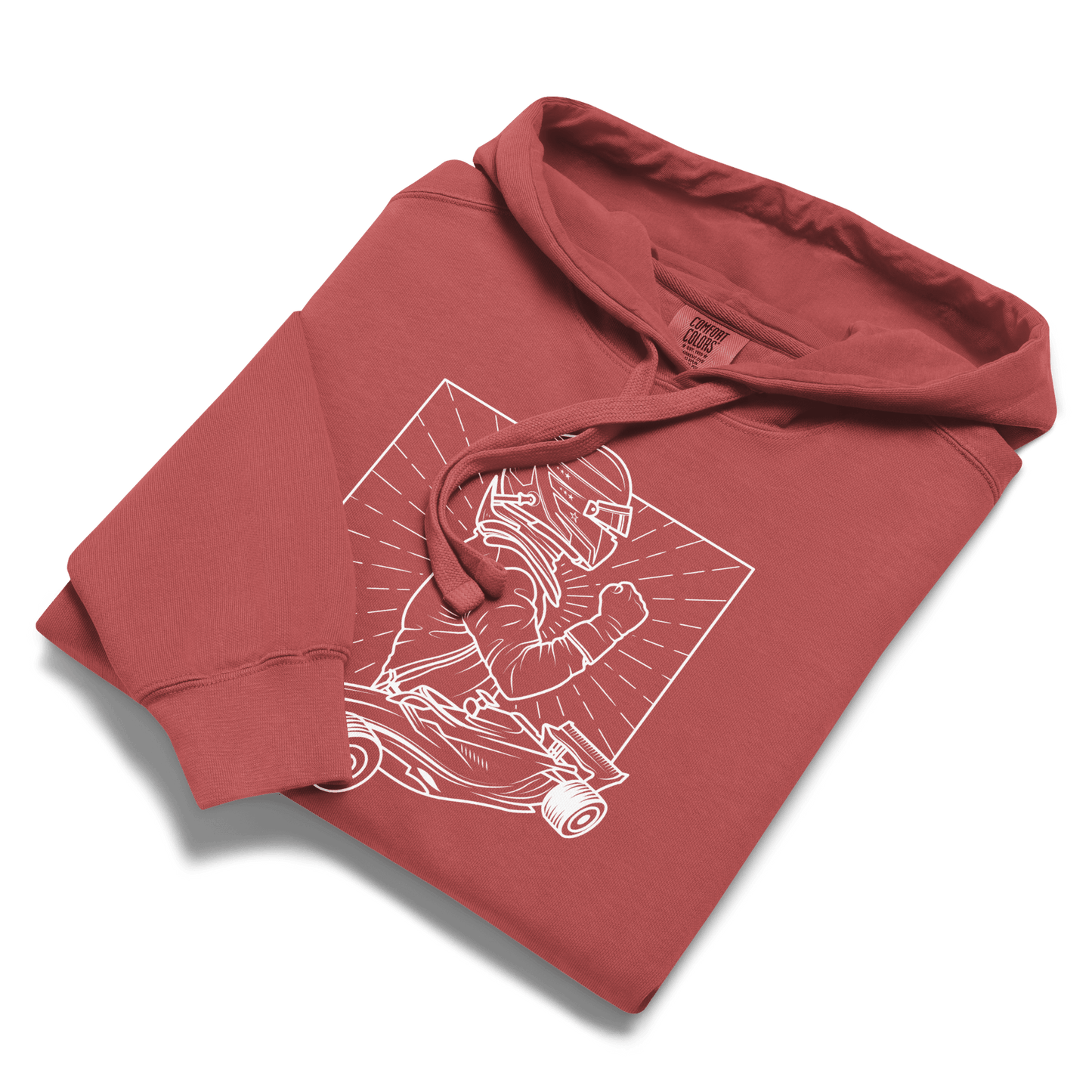 Women's Vintage Motorsport Hoodie in Crimson— front laid flat view with victory lap design | Qualifier Collective