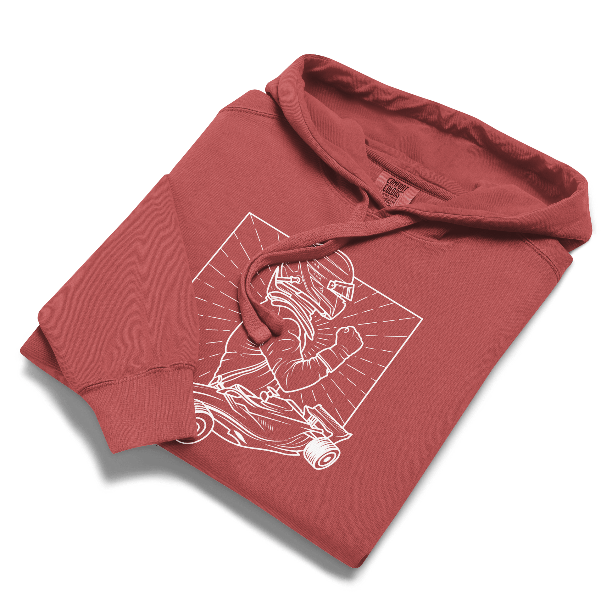 Women's Vintage Motorsport Hoodie in Crimson— front laid flat view with victory lap design | Qualifier Collective