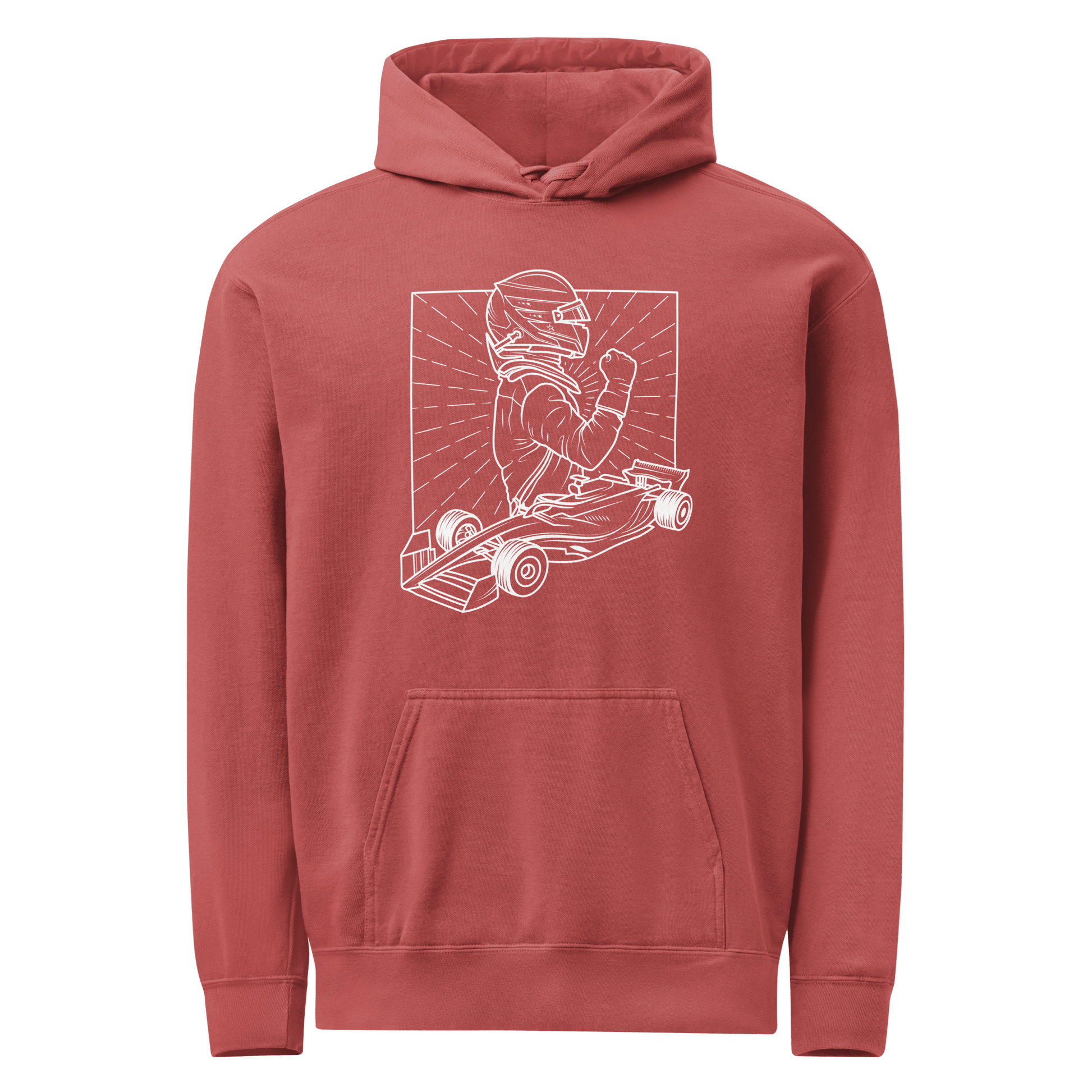 Women's Vintage Motorsport Hoodie in Crimson— front ghost view with victory lap design | Qualifier Collective