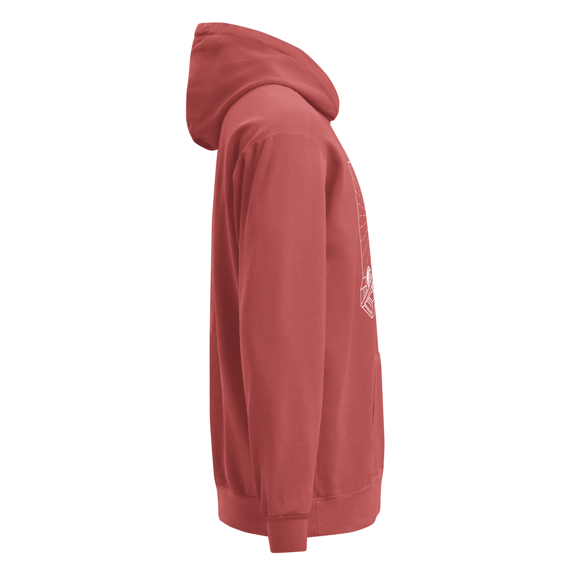 Vintage Victory Lap Motorsport Hoodie in Crimson— side view with victory lap design | Qualifier Collective