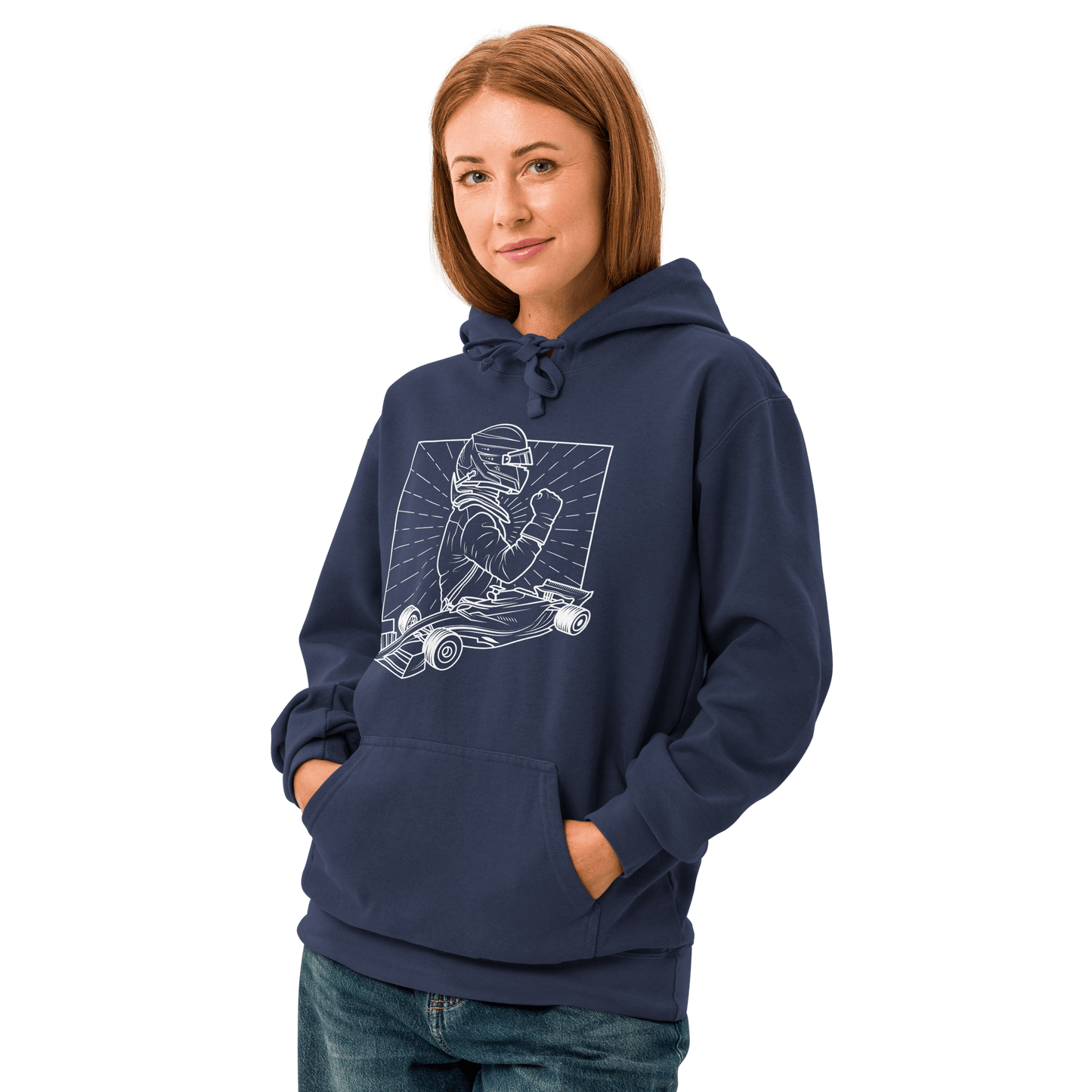 Women's Vintage Motorsport Hoodie in True Navy— on body front view with victory lap design | Qualifier Collective