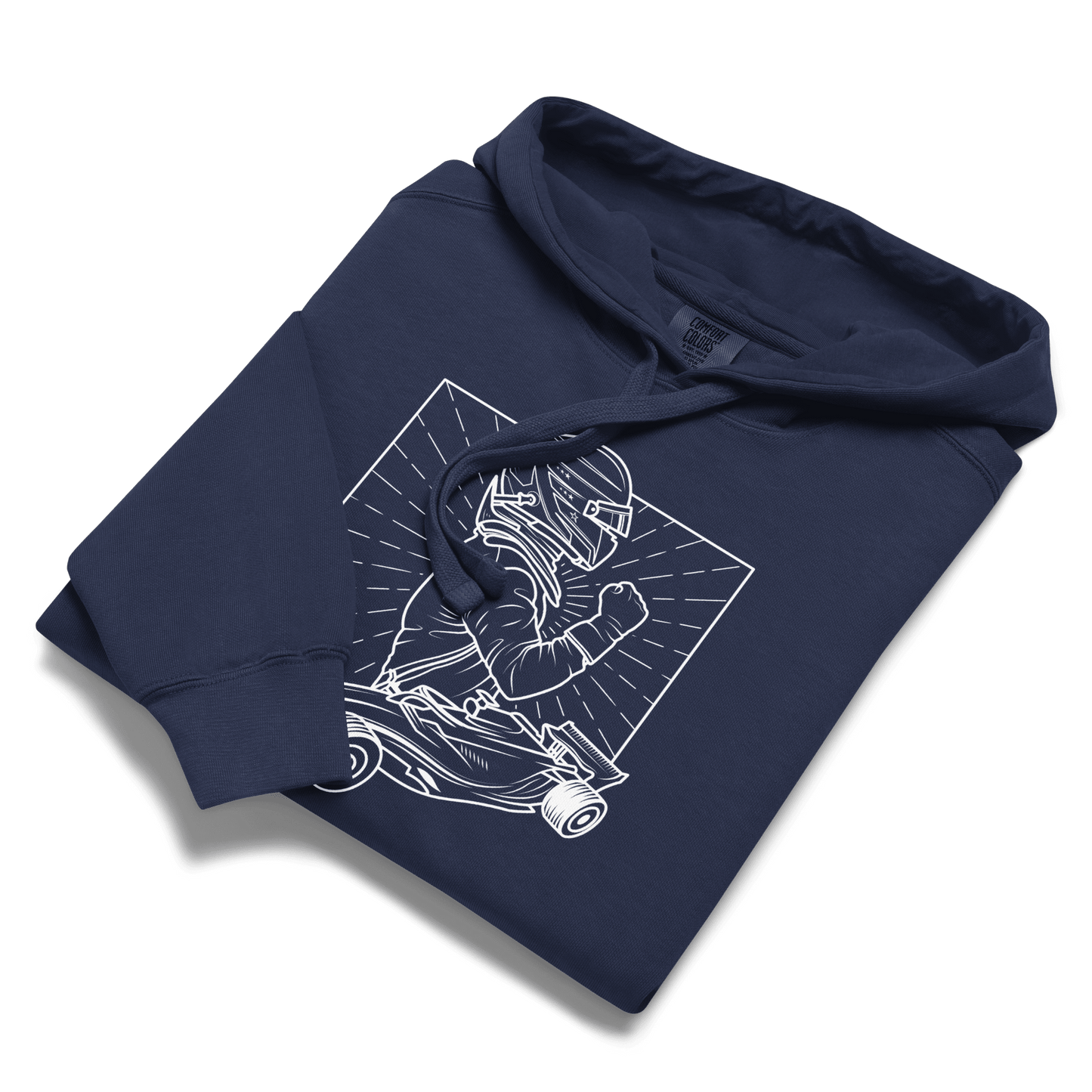Women's Vintage Motorsport Hoodie  in True Navy— front laid flat view with victory lap design | Qualifier Collective