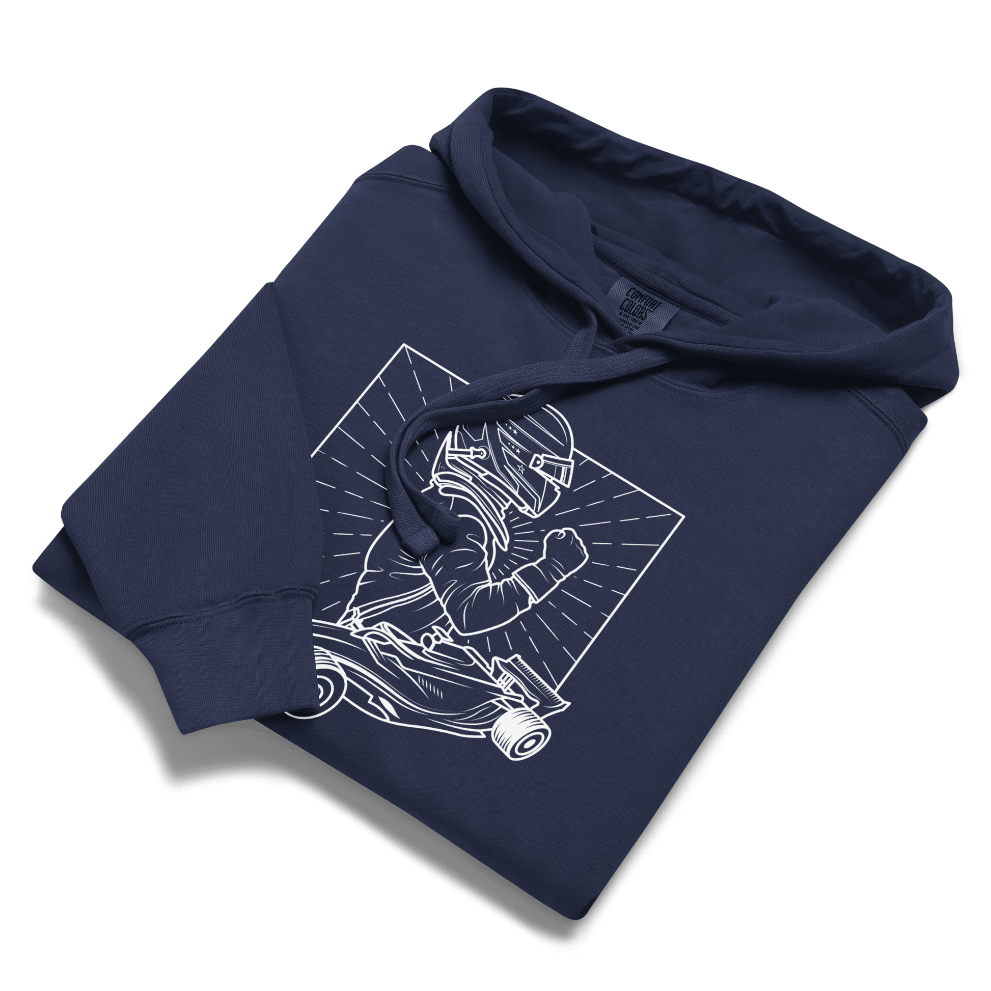 Women's Vintage Motorsport Hoodie  in True Navy— front laid flat view with victory lap design | Qualifier Collective