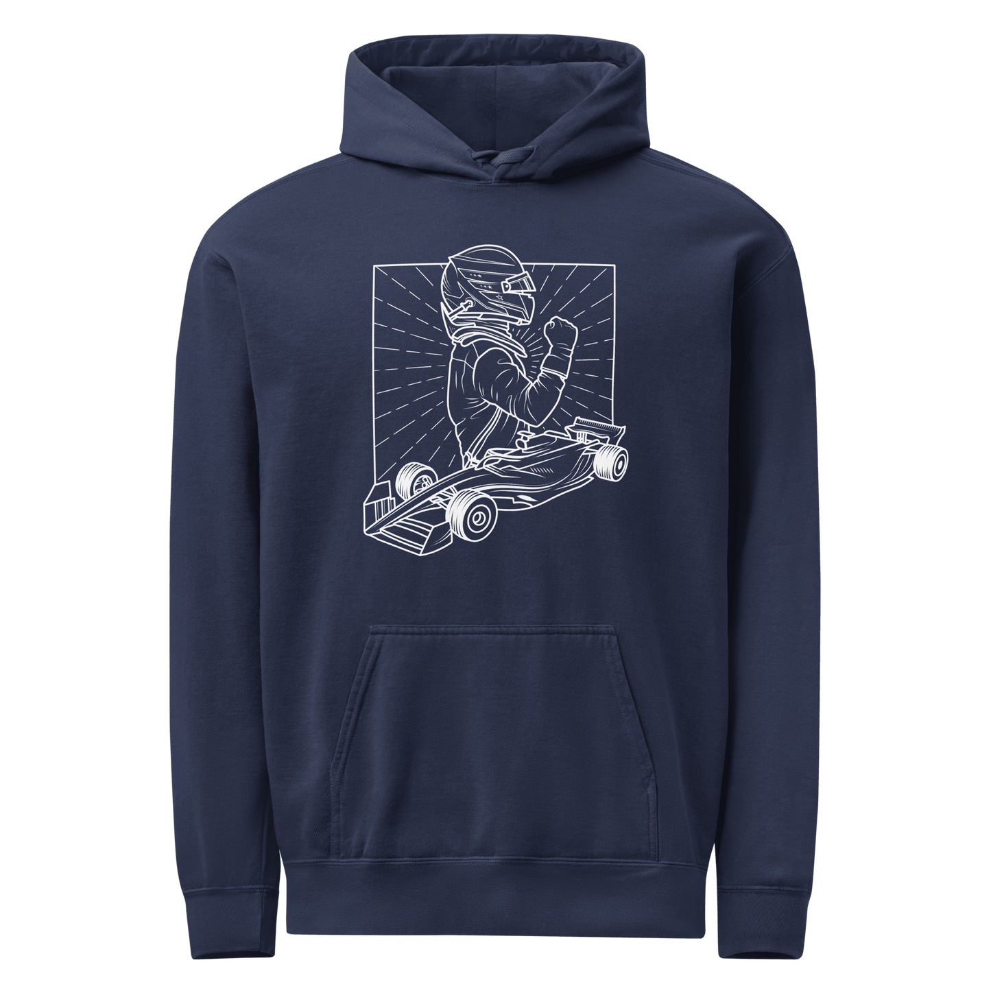 Women's Vintage Motorsport Hoodie in True Navy— front ghost view with victory lap design | Qualifier Collective