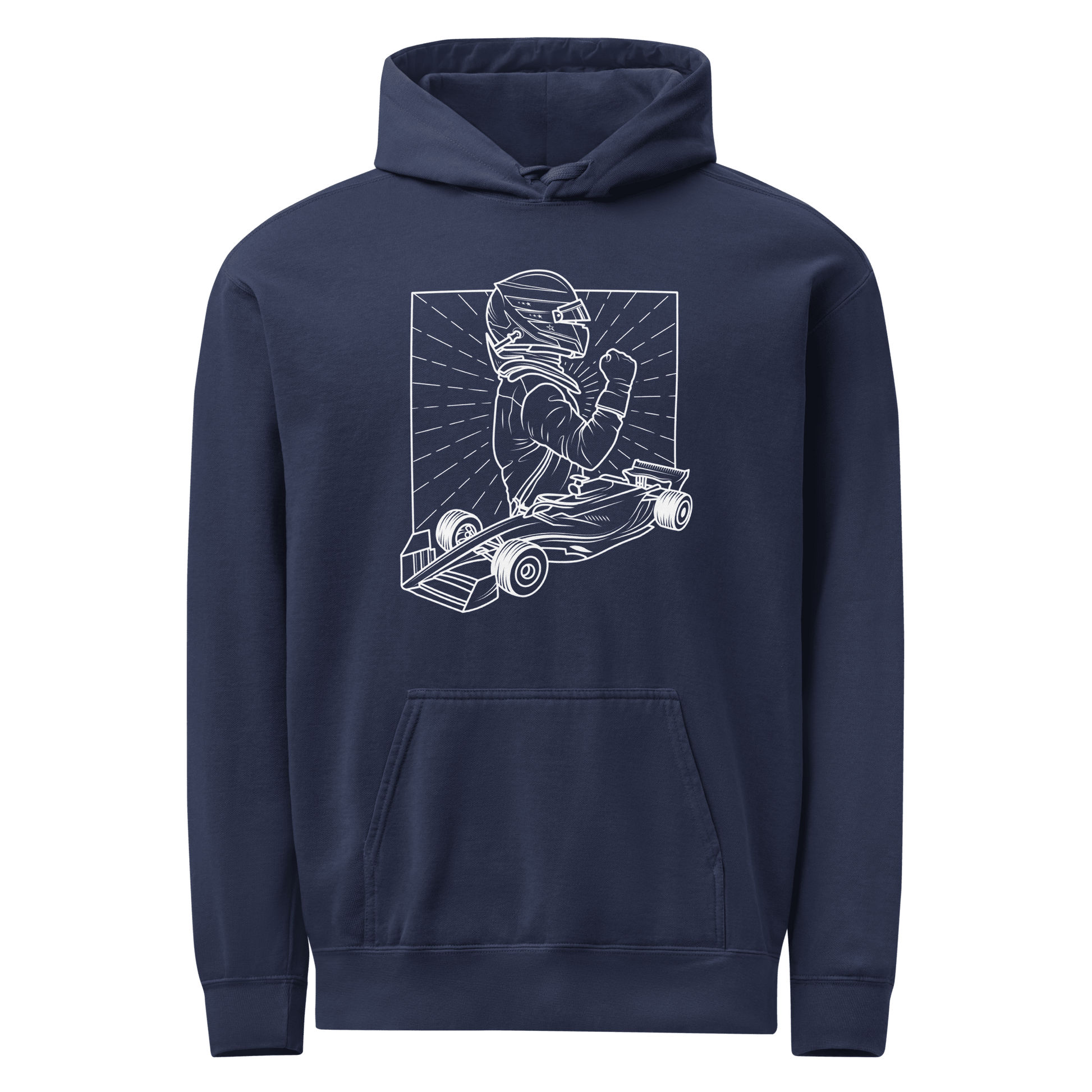 Women's Vintage Motorsport Hoodie in True Navy— front ghost view with victory lap design | Qualifier Collective