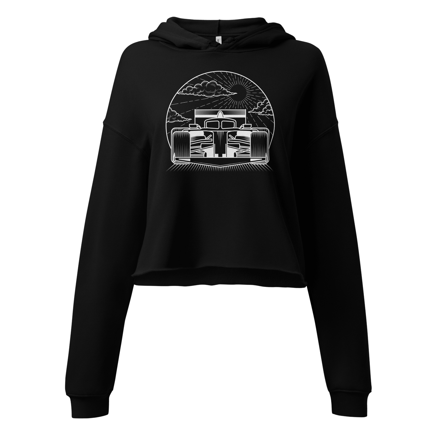 Women's Cropped Motorsport Hoodie in Black — front ghost view with car graphic | Qualifier Collective