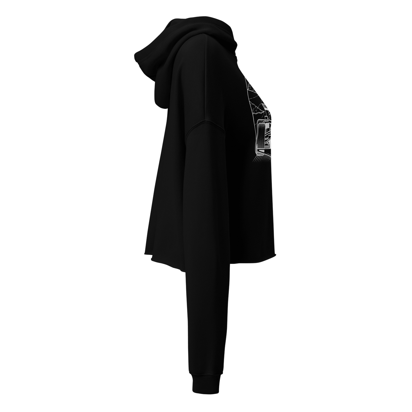 Women's Cropped Motorsport Hoodie in Black — side ghost view with car graphic | Qualifier Collective