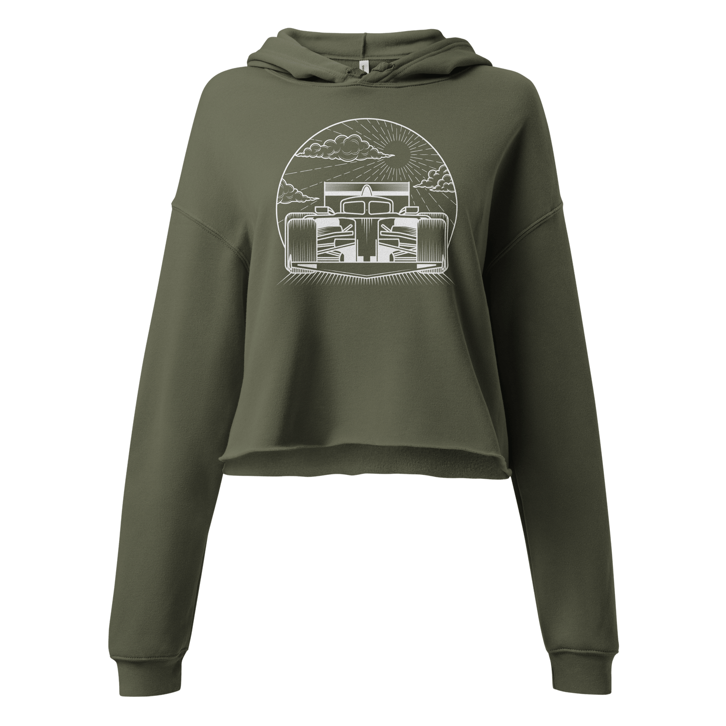 Women's Cropped Motorsport Hoodie in Military Green — front ghost view with car graphic | Qualifier Collective