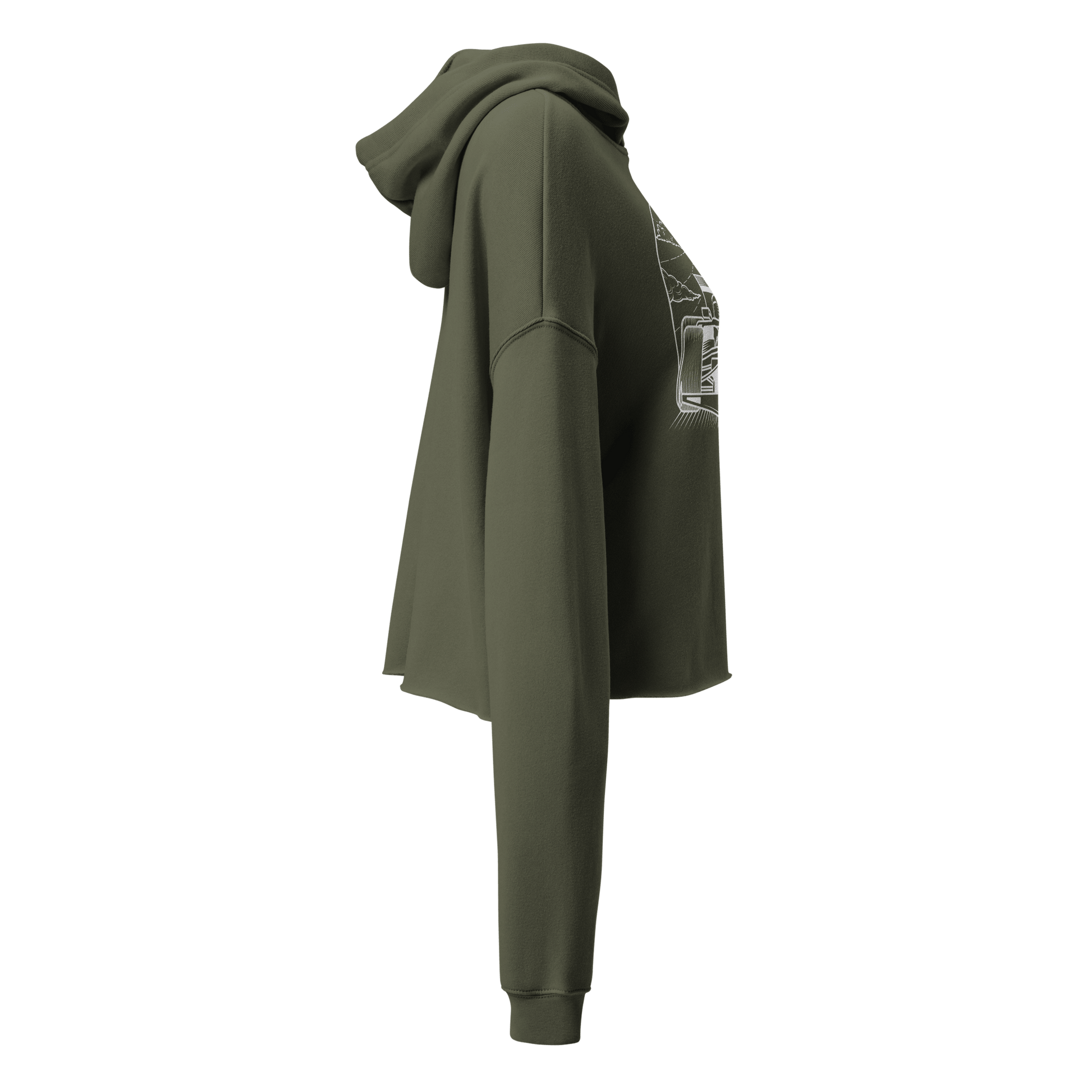 Women's Cropped Motorsport Hoodie in Military Green — side ghost view with car graphic | Qualifier Collective