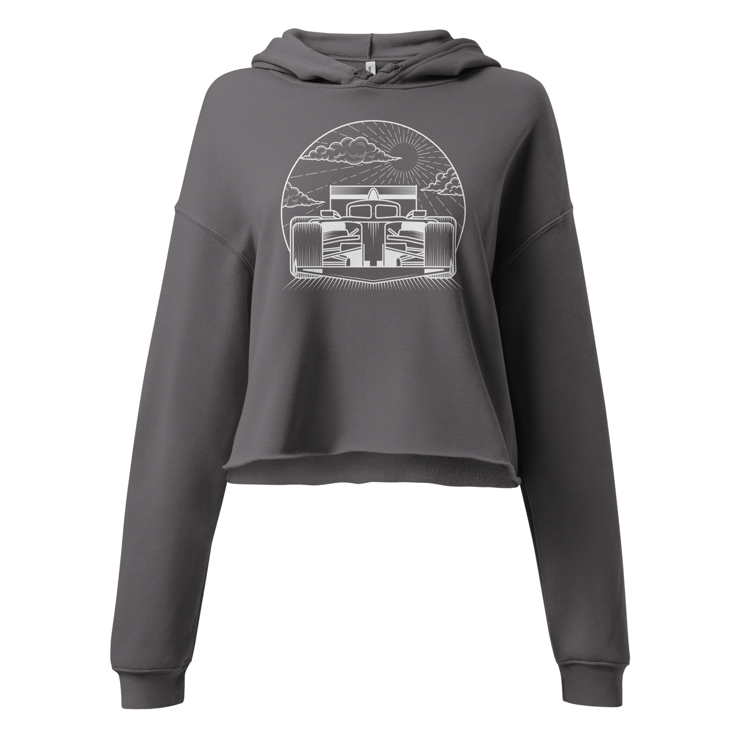 Women's Cropped Motorsport Hoodie in Storm — front ghost view with car graphic | Qualifier Collective