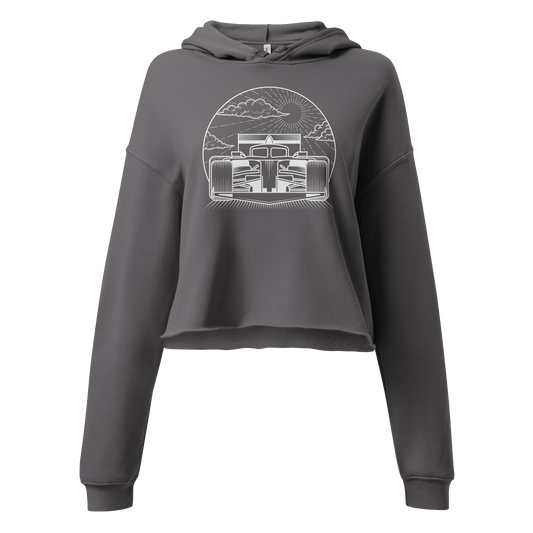 Women's Cropped Motorsport Hoodie in Storm — front ghost view with car graphic | Qualifier Collective