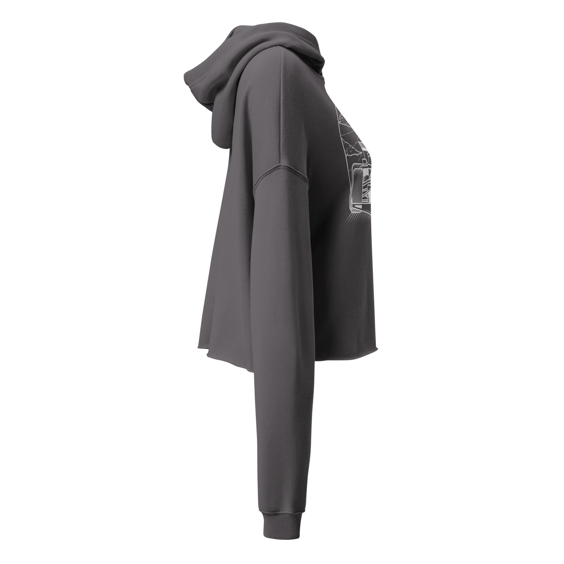 Women's Cropped Motorsport Hoodie in Storm — side ghost view with car graphic | Qualifier Collective