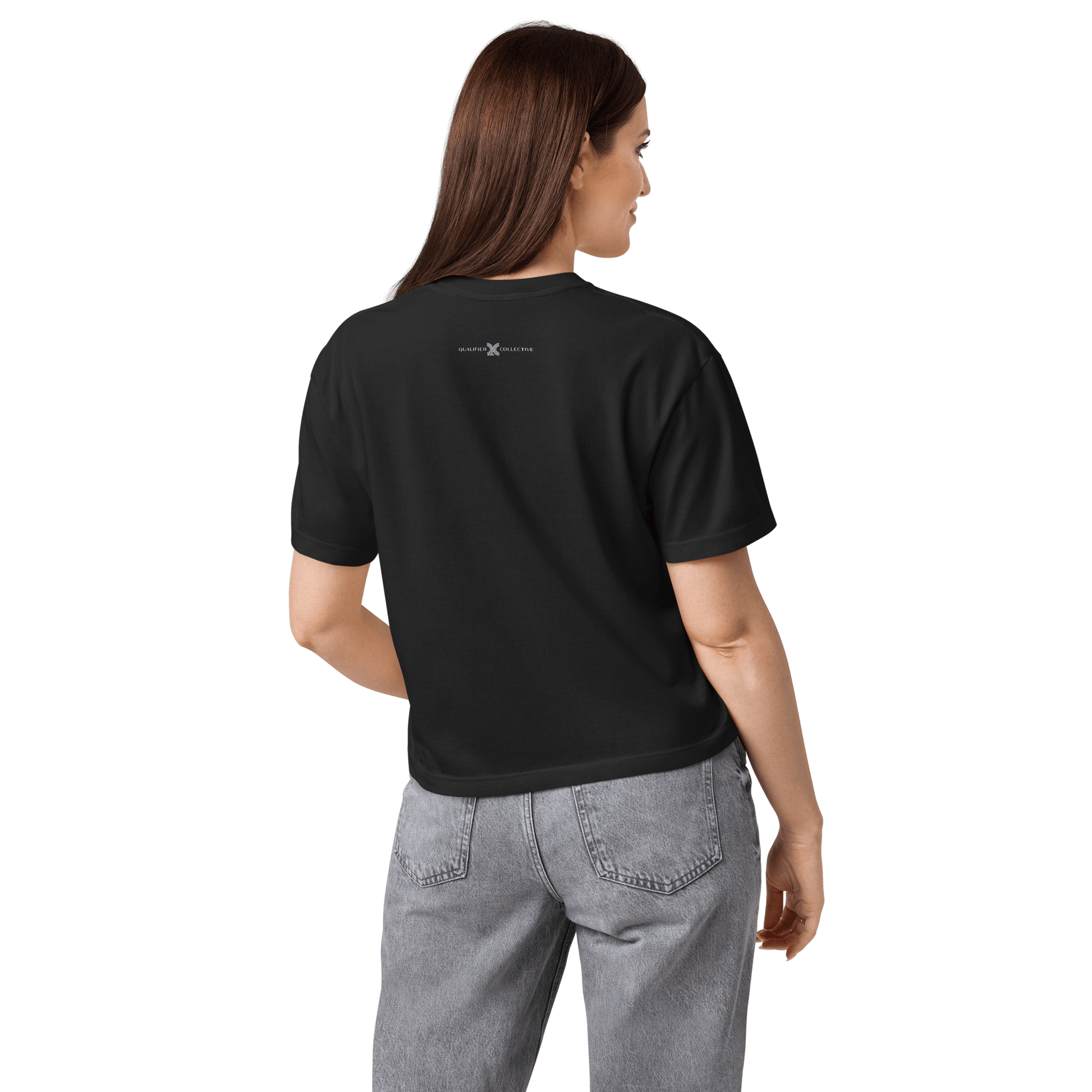 Black Motorsport Graphic Tee— on body back mockup with QC logo| Qualifier Collective