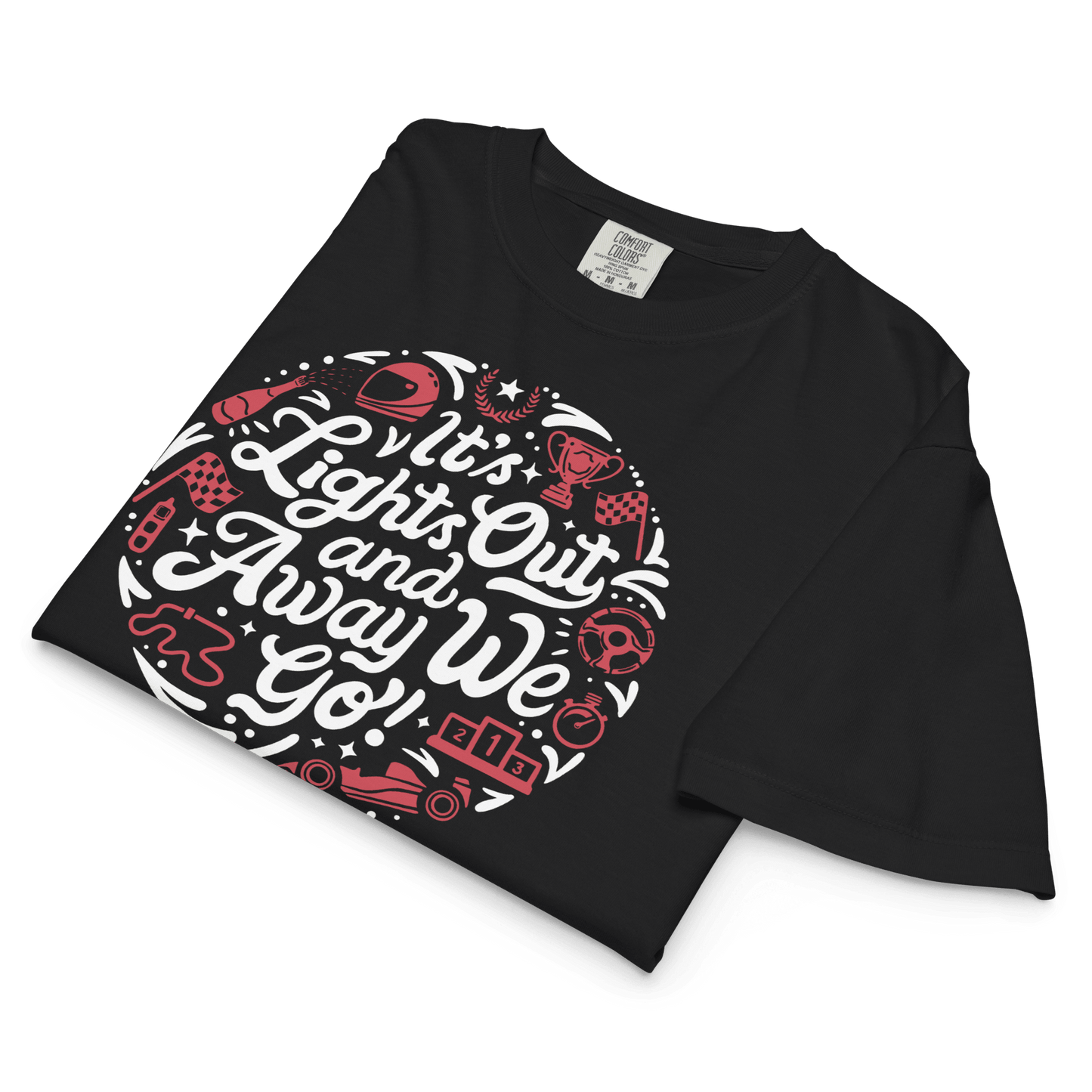 Black Motorsport Graphic Tee — laid flat mockup with graphic detail | Qualifier Collective