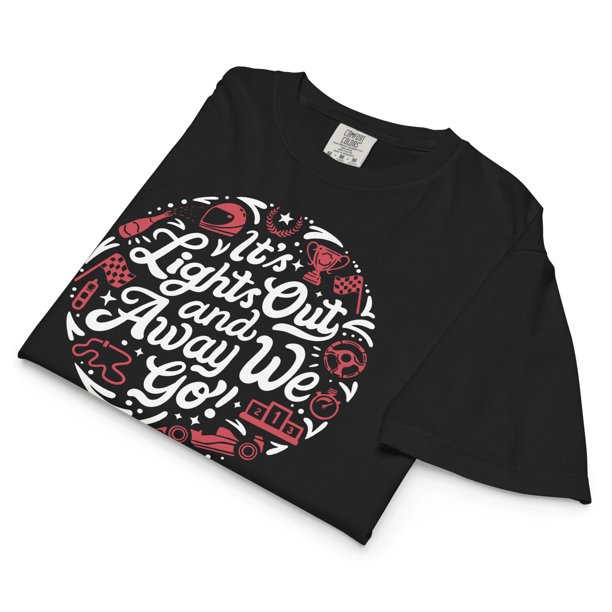Black Motorsport Graphic Tee — laid flat mockup with graphic detail | Qualifier Collective