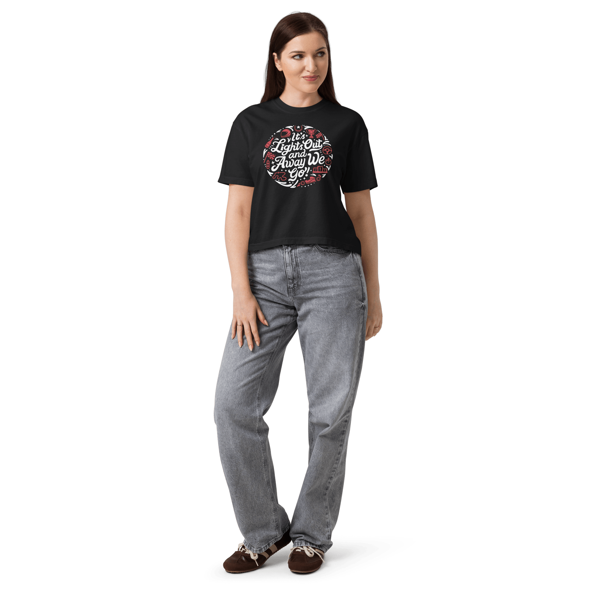 Black Motorsport Graphic Tee— on body front mockup with graphic illustration | Qualifier Collective