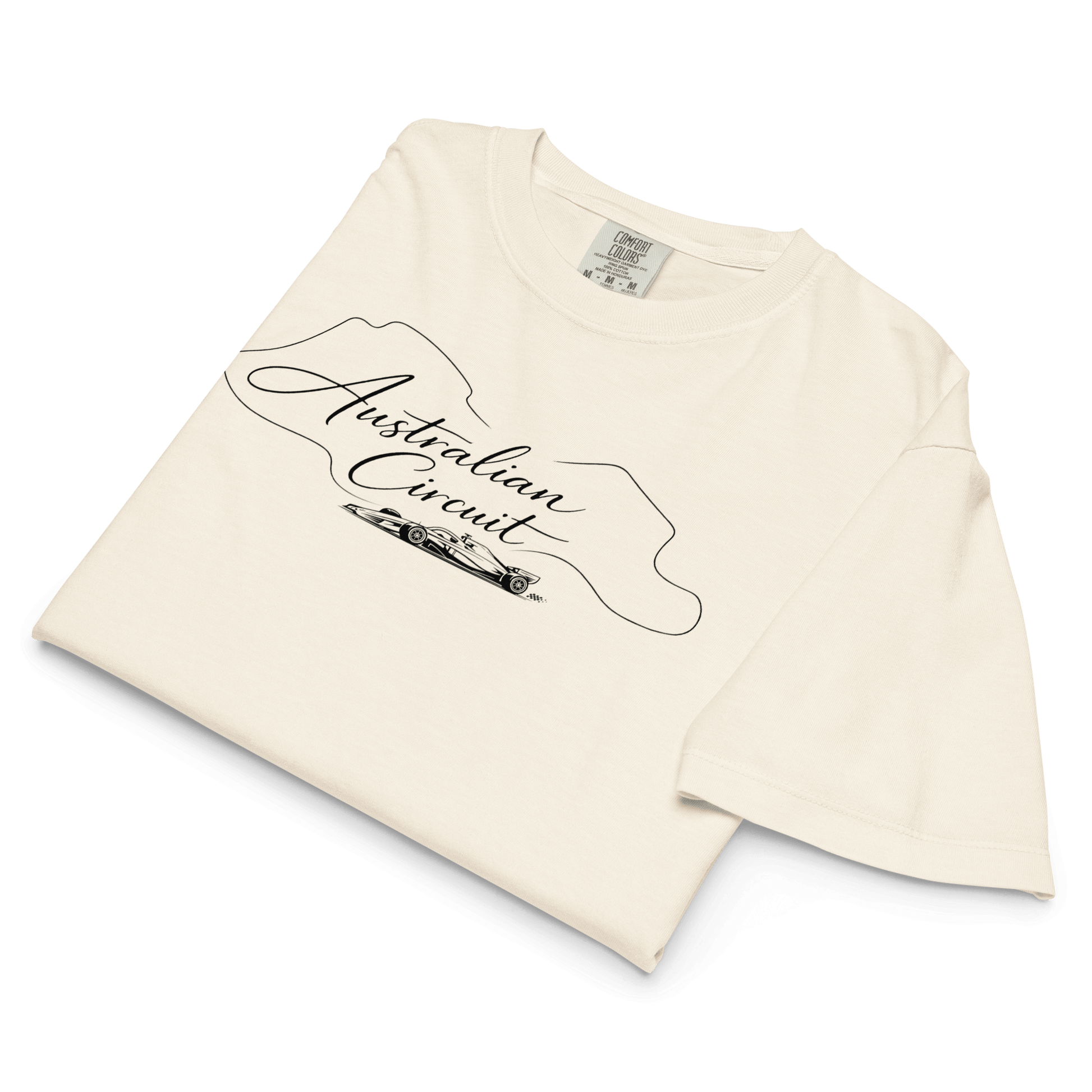 Women's Australian Circuit Tee in Ivory  — laid flat view with Australian Circuit map | Qualifier Collective
