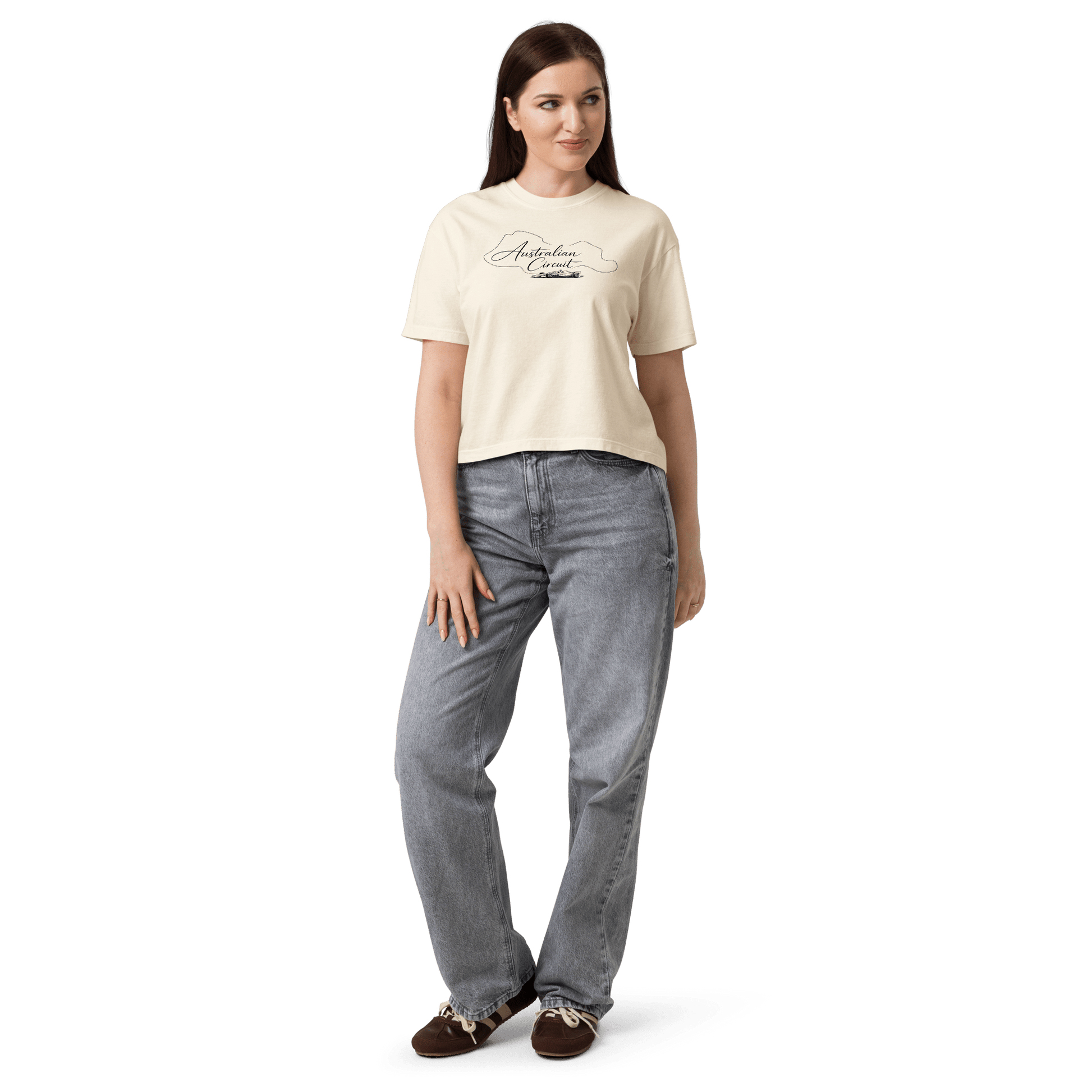 Women's Australian Circuit Tee in Ivory — on body front view with Australian circuit map | Qualifier Collective