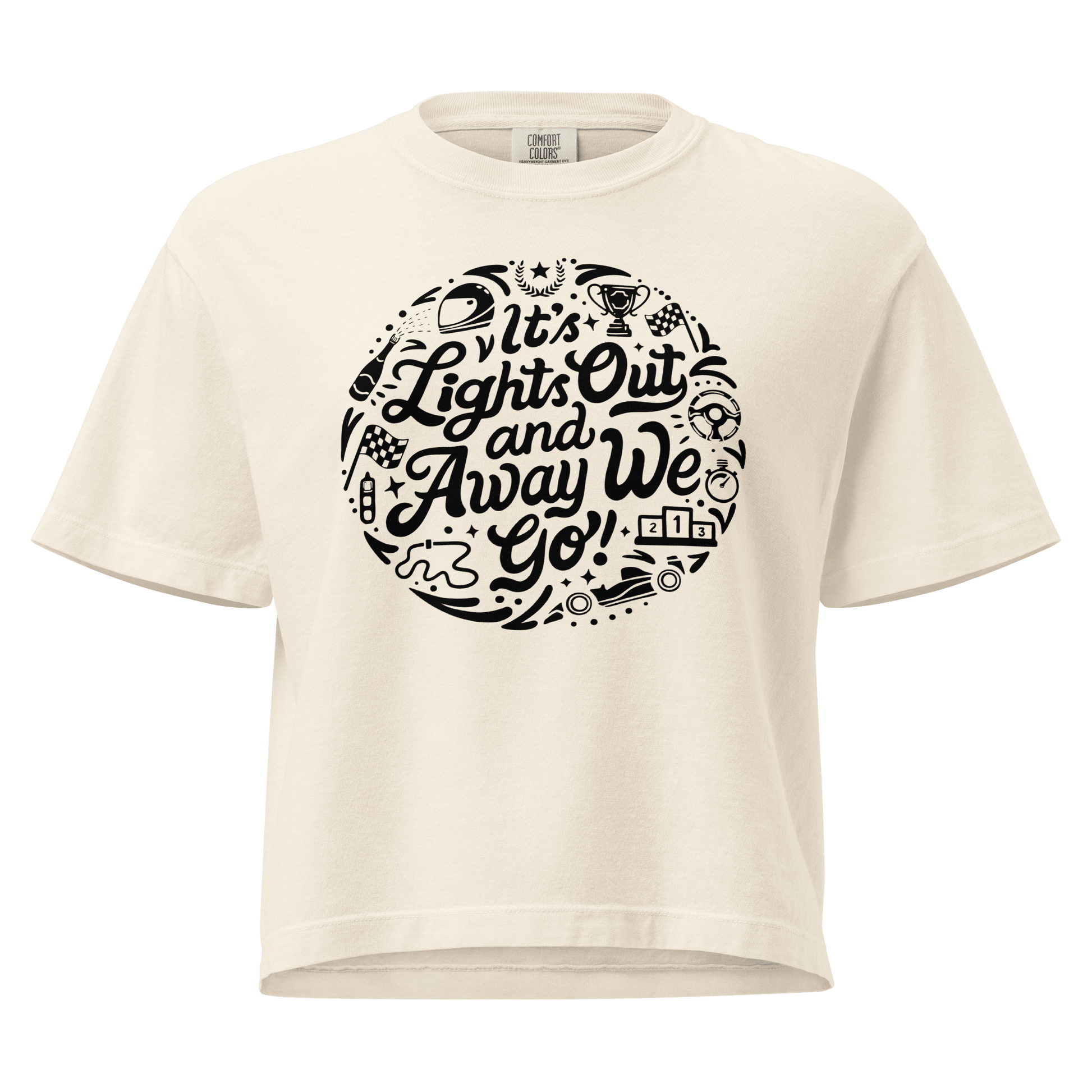 Women's Motorsport Graphic Tee in Ivory — ghost front view with Lights Out graphic | Qualifier Collective