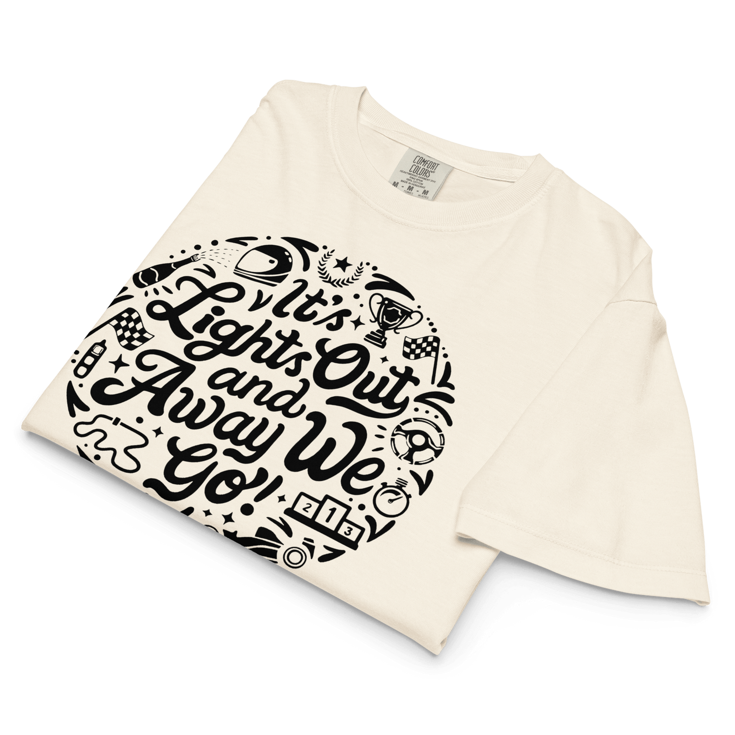 Women's Motorsport Graphic Tee in Ivory— flat lay front detail with Lights Out graphic | Qualifier Collective
