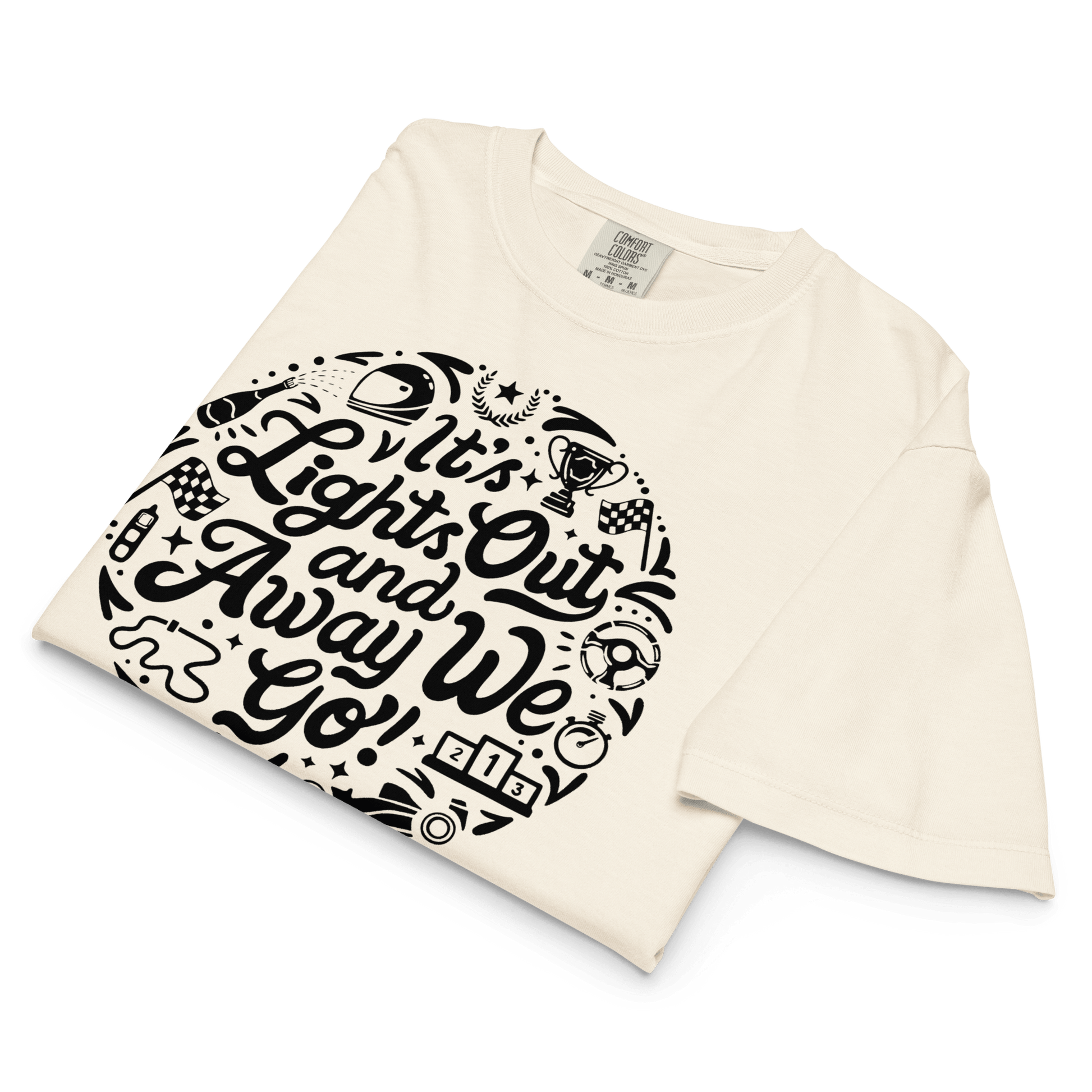 Women's Motorsport Graphic Tee in Ivory— flat lay front detail with Lights Out graphic | Qualifier Collective
