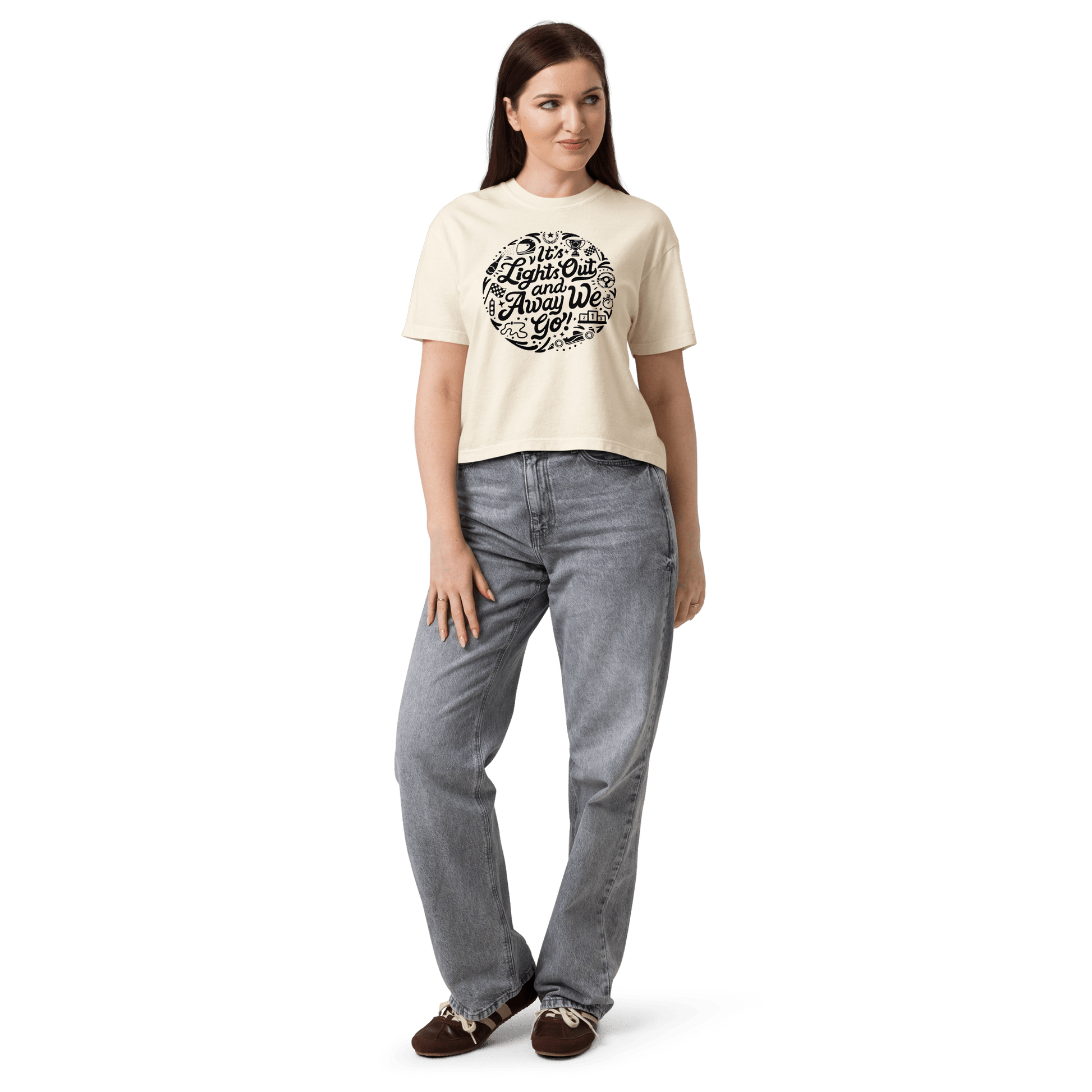 Women's Motorsport Graphic Tee in Ivory — front on-body view Lights Out & Away We Go graphic | Qualifier Collective