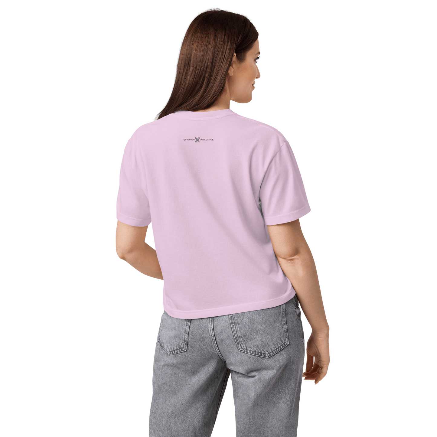 Women's Australian Circuit Tee in Orchid  — back on body view with QC logo | Qualifier Collective