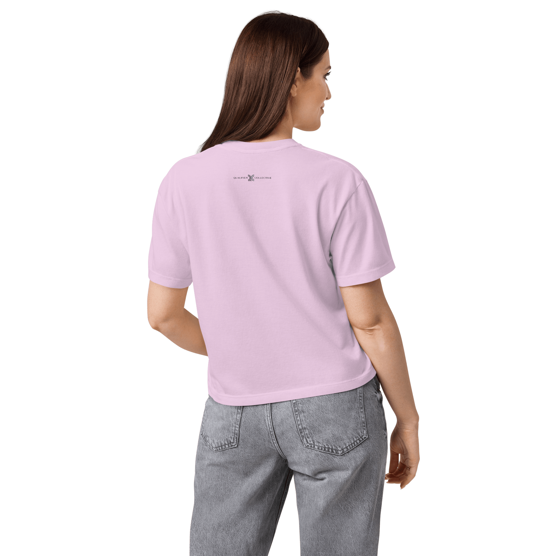 Women's Australian Circuit Tee in Orchid  — back on body view with QC logo | Qualifier Collective