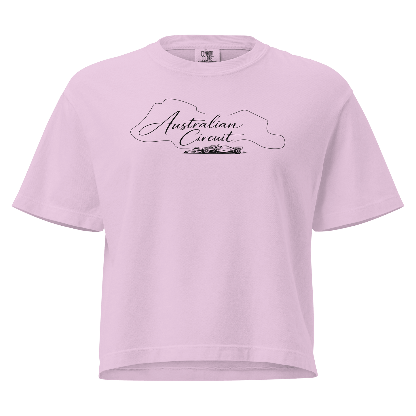 Women's Australian Circuit Tee in Orchid — front ghost view with Australian circuit map | Qualifier Collective